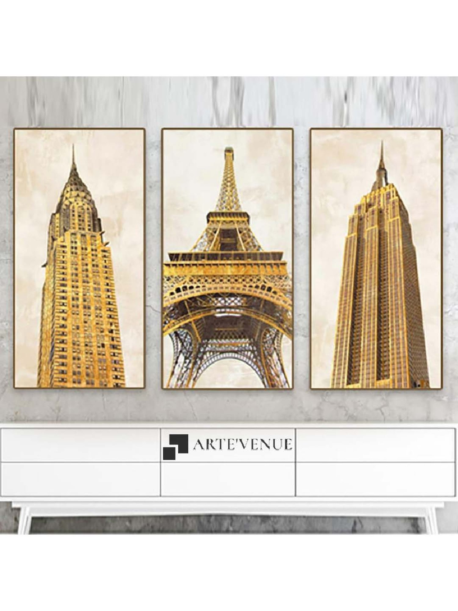 ARTE'VENUE Gilded Skyscraper Gold & Beige Canvas Wall Arts - Set of 3 (11 X 21 inch Each)
