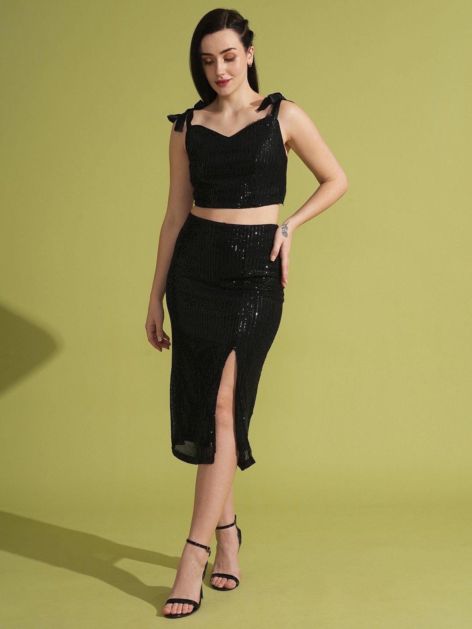 Globus Black Embellished Crop Top With Skirt