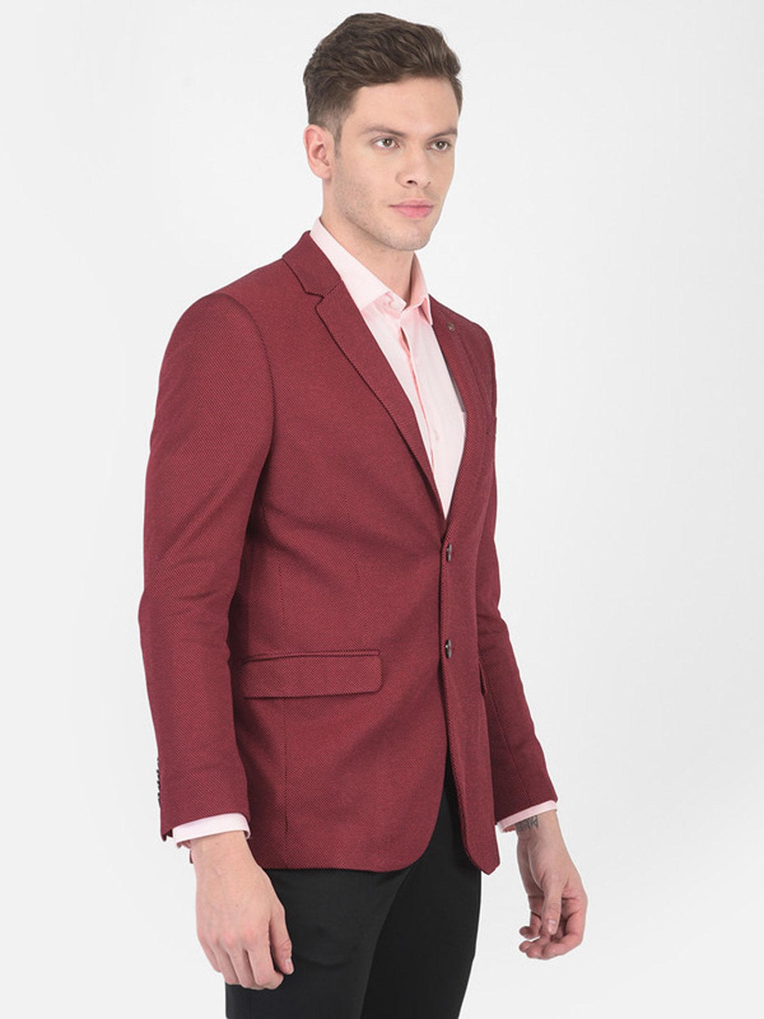 Turtle Maroon Slim Fit Self Pattern Blazer