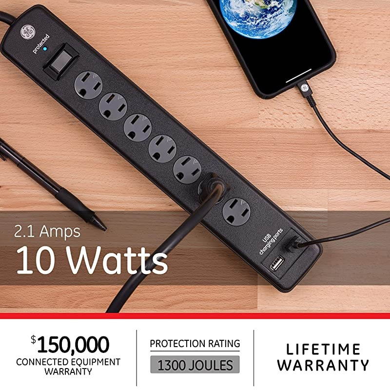 7 Strip Sur Protector with 2 Port USB Charr 3 Ft Power Cord Twist to Close Safety Outlets1300 Joules 21A10W UL Listed Black 33664