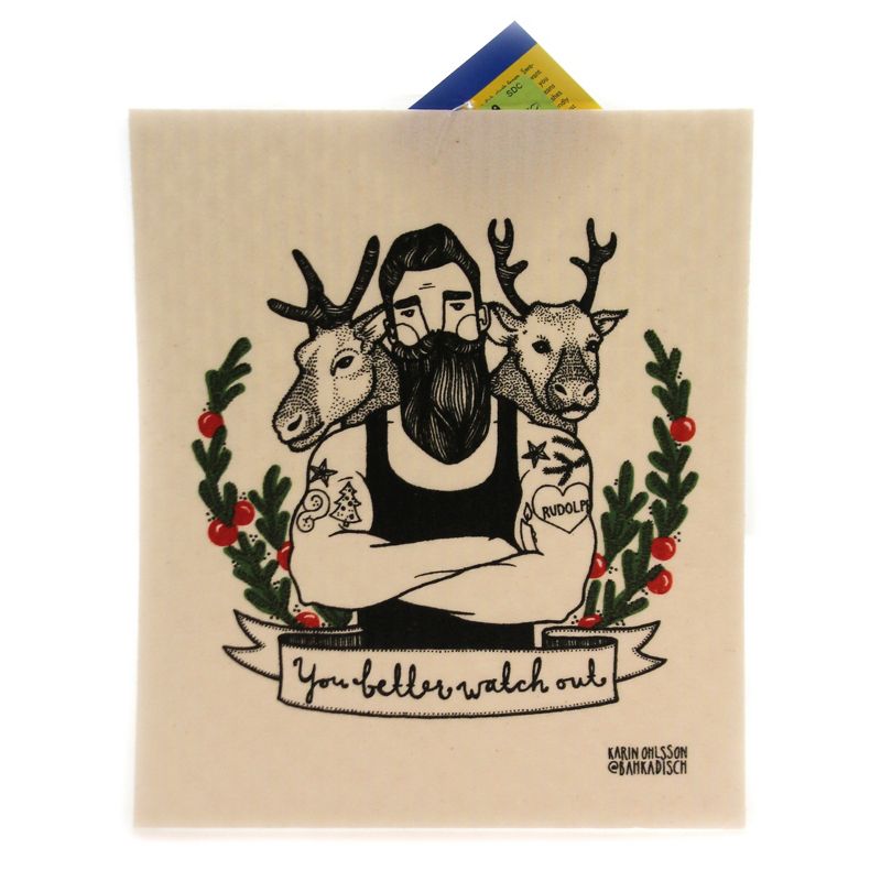 Swedish Dish Cloth 8.0" You Better Watch Out Christmas Reindeer  -  Kitchen Towel