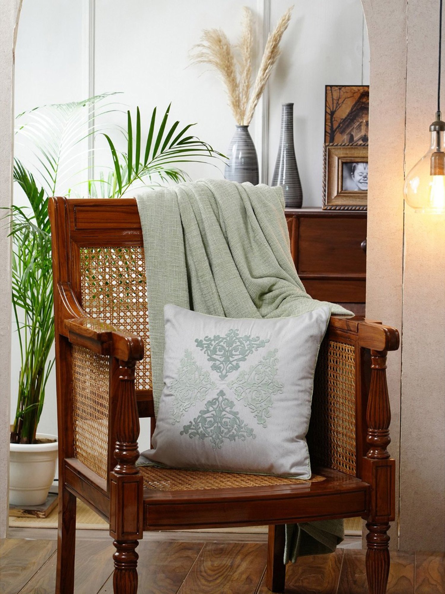 Maspar Embroidery Green Viscose 45 L x 45 W cm Cushion Cover