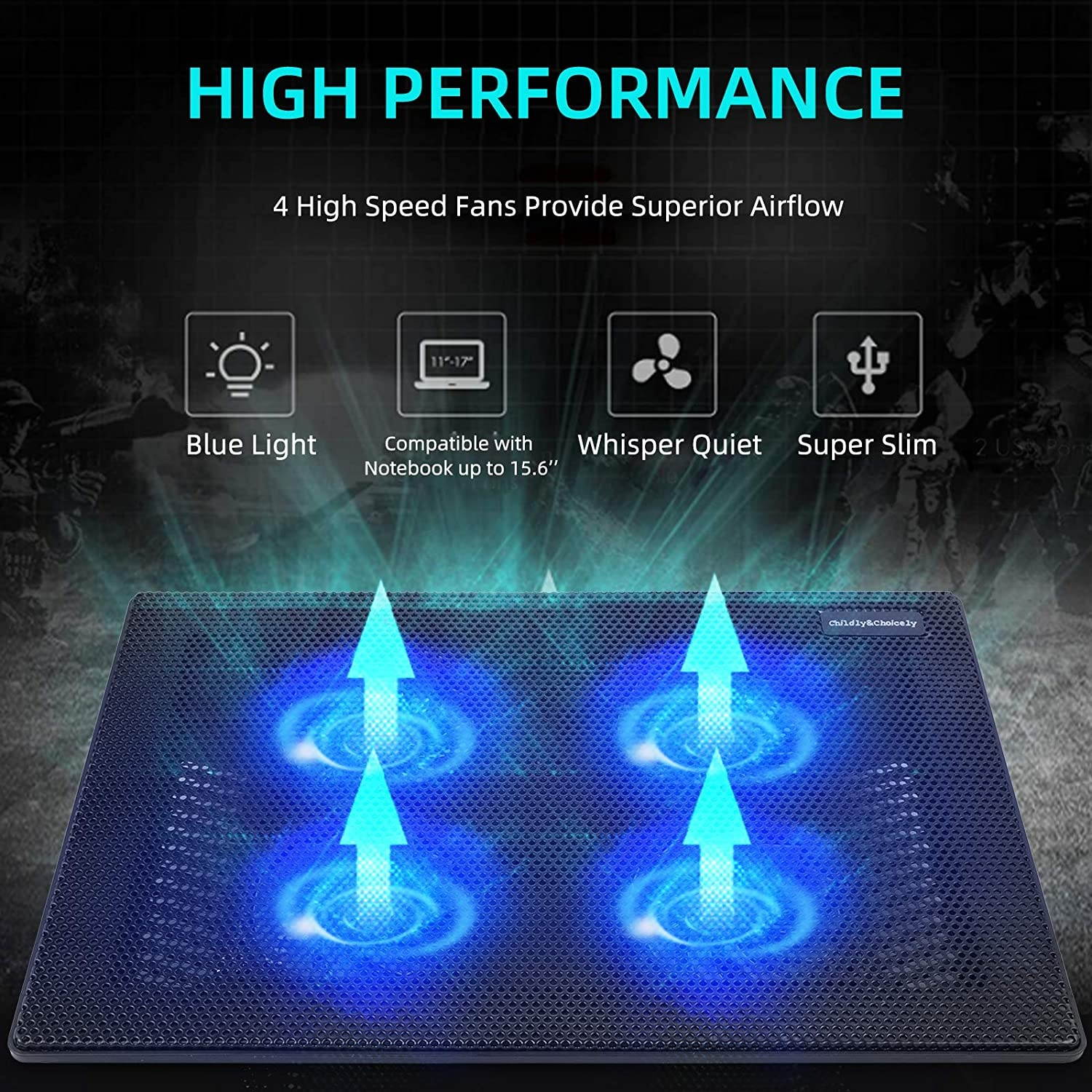 RGB Laptop Cooling Pad with 6 Quiet LED Fans 5 Heights Adjustable and Phone Stand, Dual USB Ports Gaming Laptop Cooler for 11"-18" Gaming Laptops (Blue)