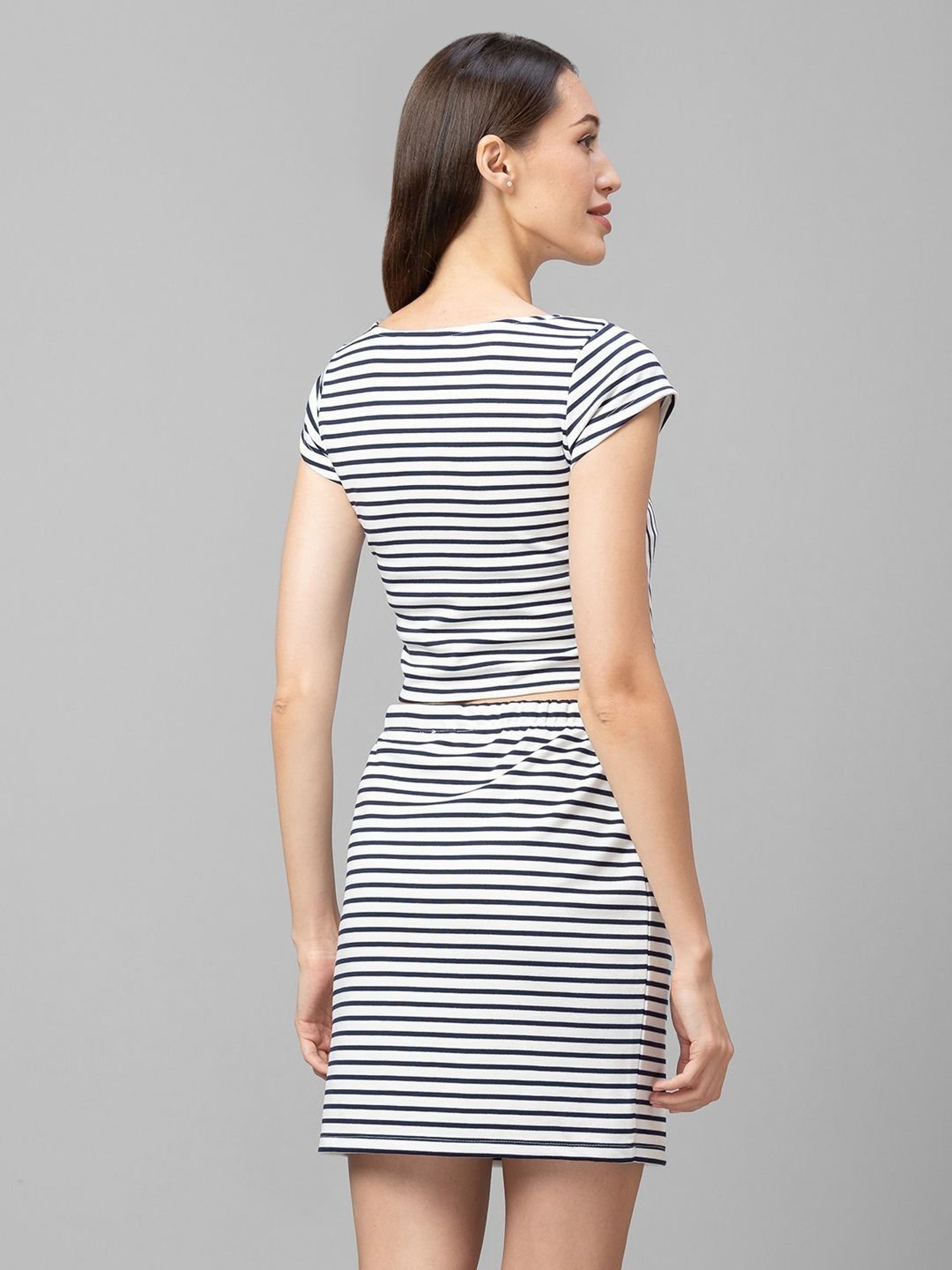 Globus White & Navy Striped Crop Top Skirt Co-Ord Set