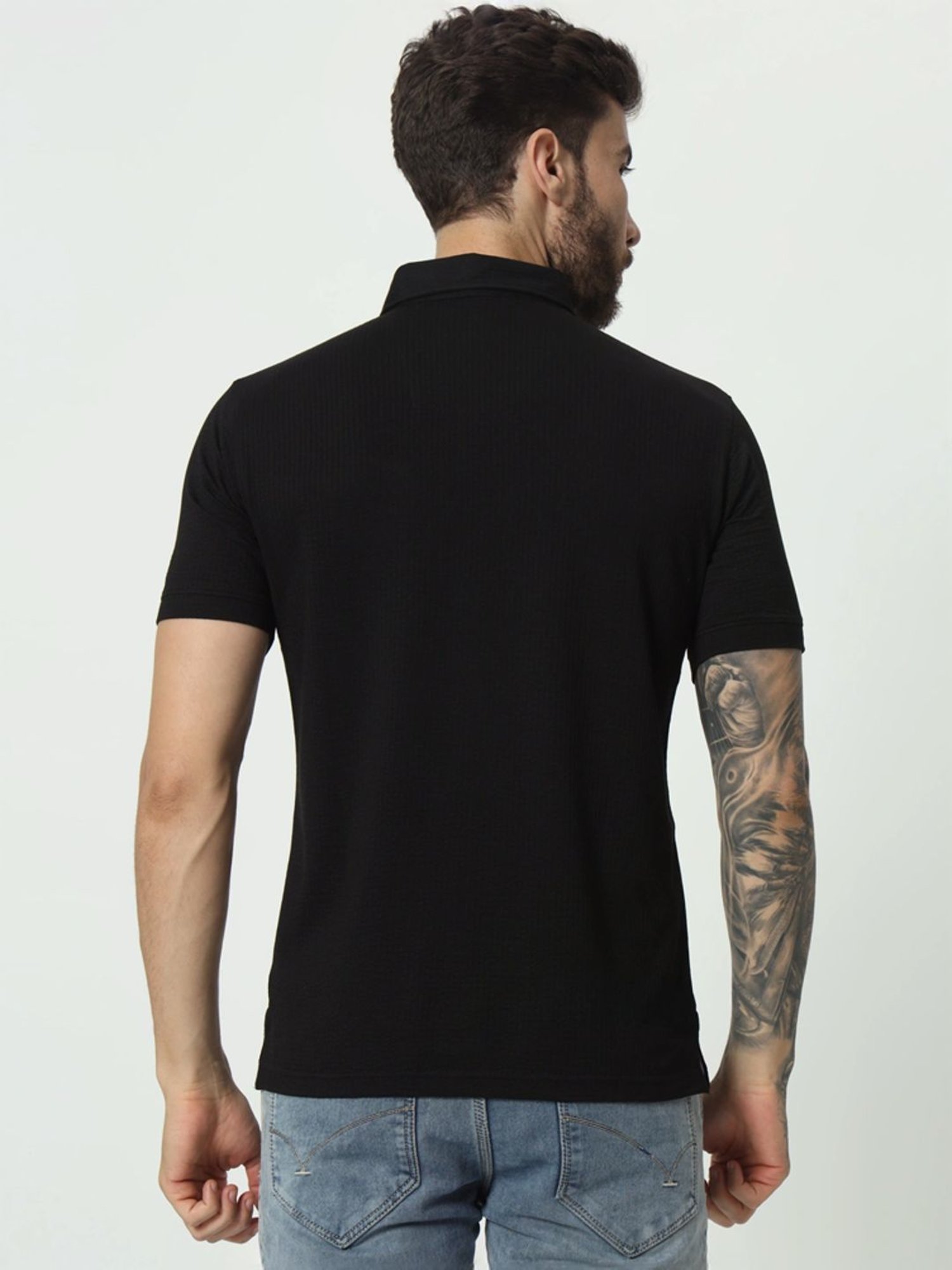 Tab91 Black Regular Fit Self Pattern Polo T-Shirts
