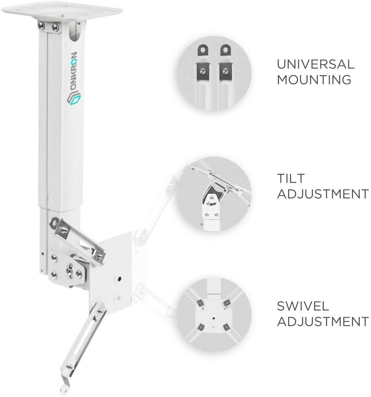 ONKRON Universal Ceiling Projector Mount Height Adjustable Mounting Bracket up to 22 LBS White K5A