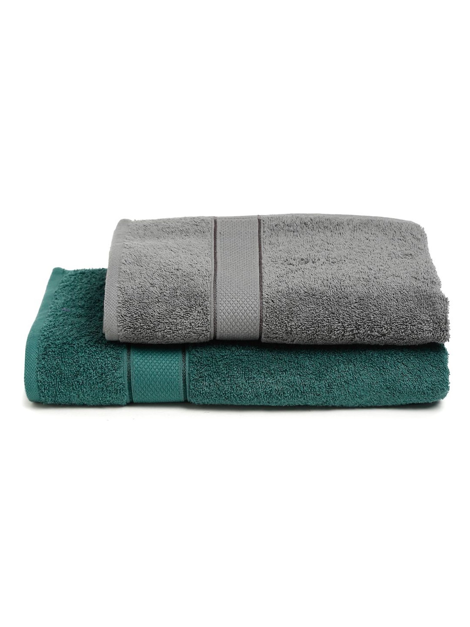 Creeva Dark Green & Grey 525 GSM Cotton Bath Towel Set of 2