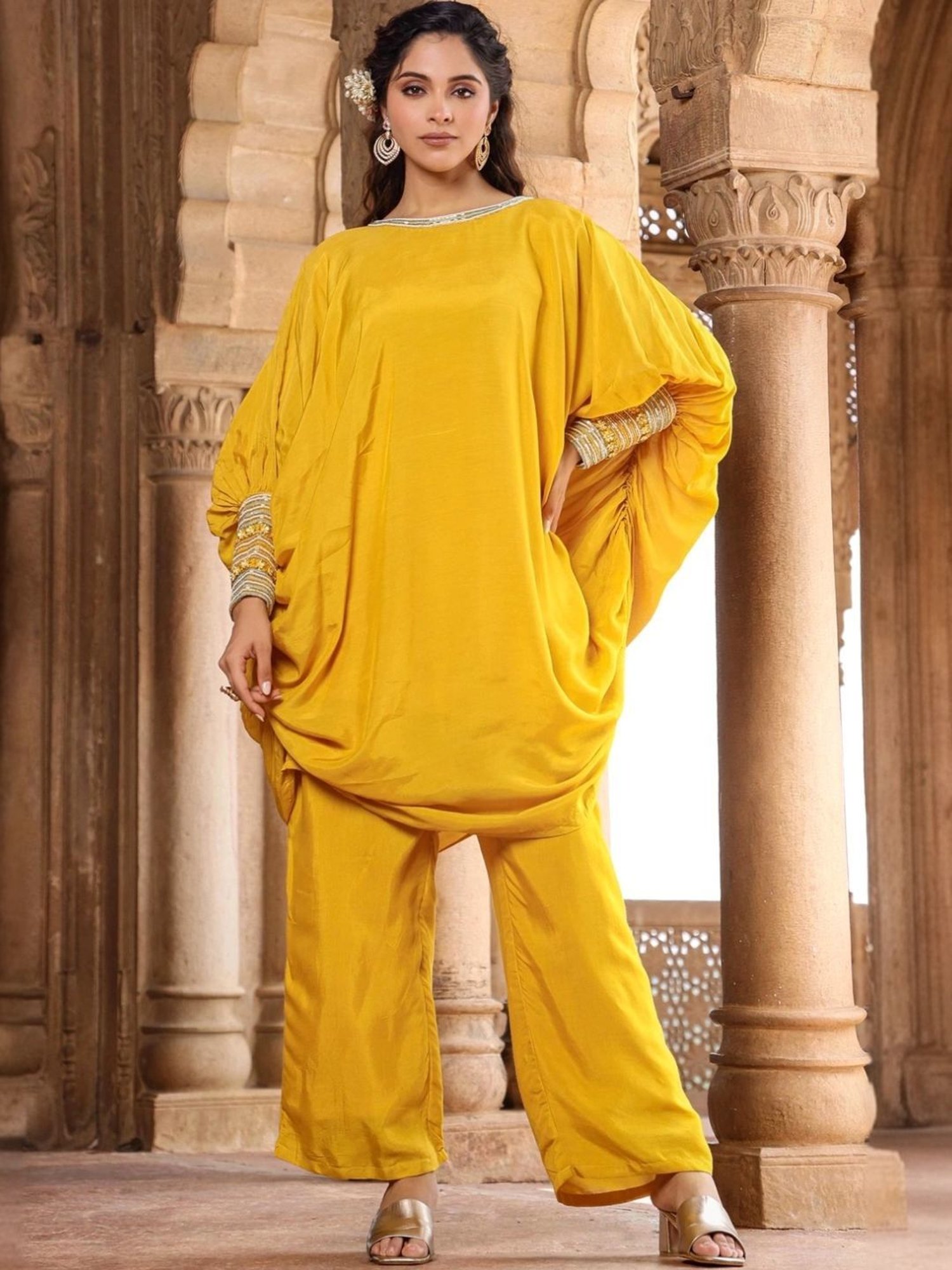 Scakhi Yellow Muslin Silk Poncho Co-Ord Set With Pant And Camisole