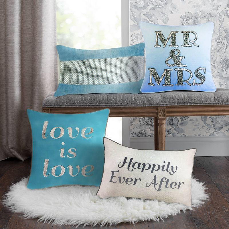 18"x18" Celebrations Beaded "Mr & Mrs" Sqaure Pillow Blue - Edie@Home