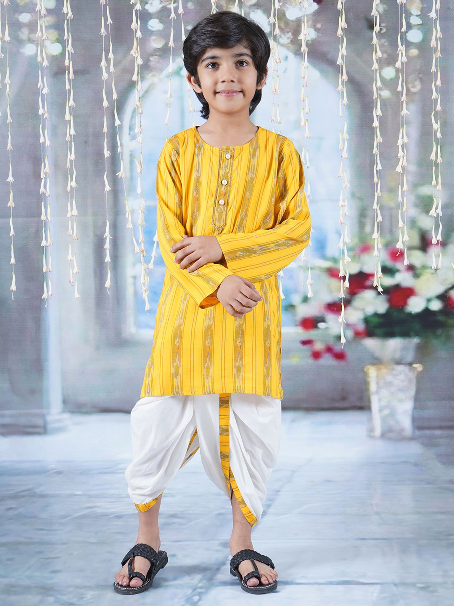 Little Bansi Kids Yellow & White Printed Kurta with Dhoti