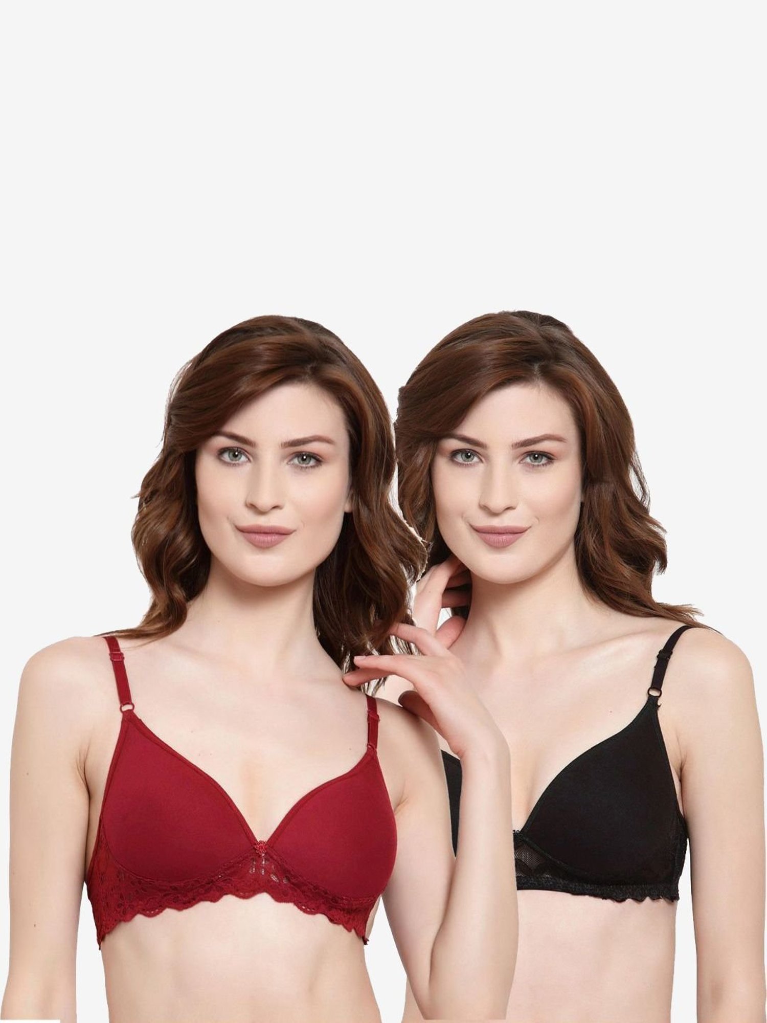 AROUSY Maroon & Black Cotton Self Pattern T-Shirt Bra - Pack Of 2