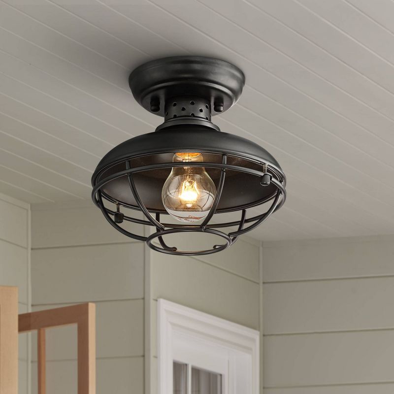 Franklin Iron Works Farmhouse Vintage Outdoor Ceiling Light Fixture Black 8 1/2" Open Metal Cage for Exterior House Porch Patio