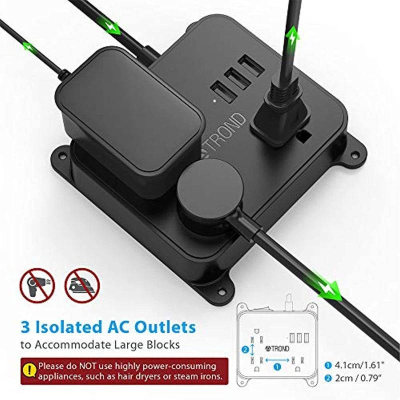 Power Strip with USB, TROND Wall Mountable Outlet Extender with 3 Widely Spaced Outlets and 3 USB Ports, Flat Plug, 4.5ft Extension Cord, for Home Office Nightstand, Black