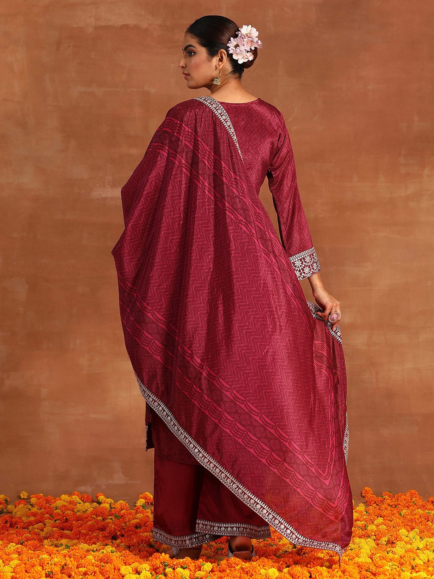 Indo Era Maroon Embroidered Kurta With Pant & Dupatta