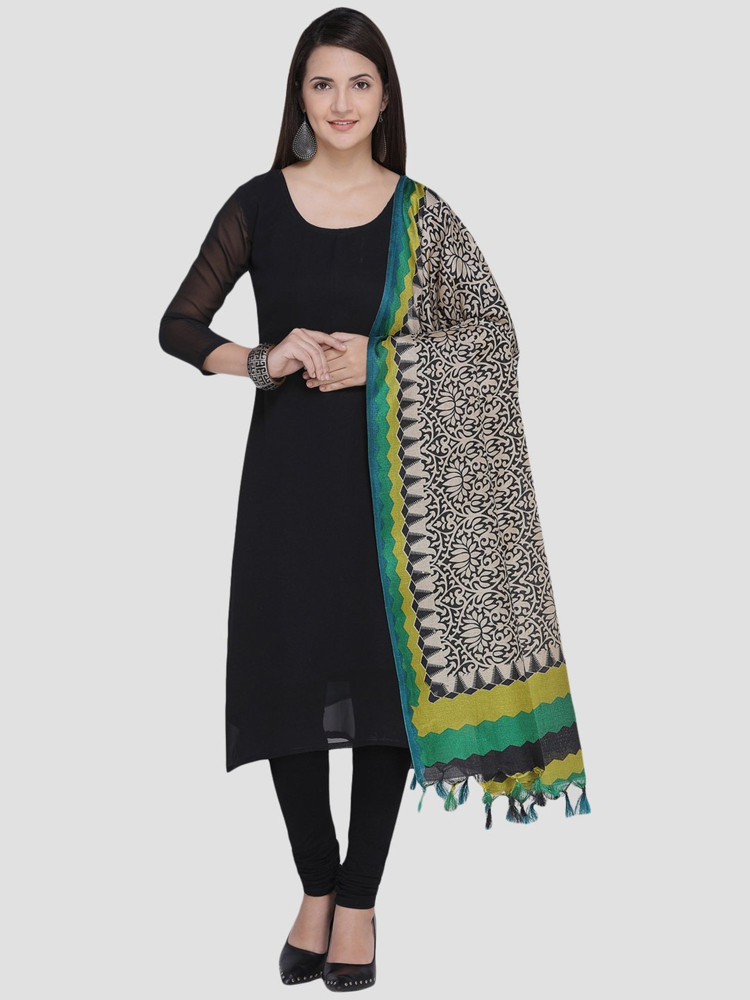 Saree Mall Beige & Green Floral Print Dupatta