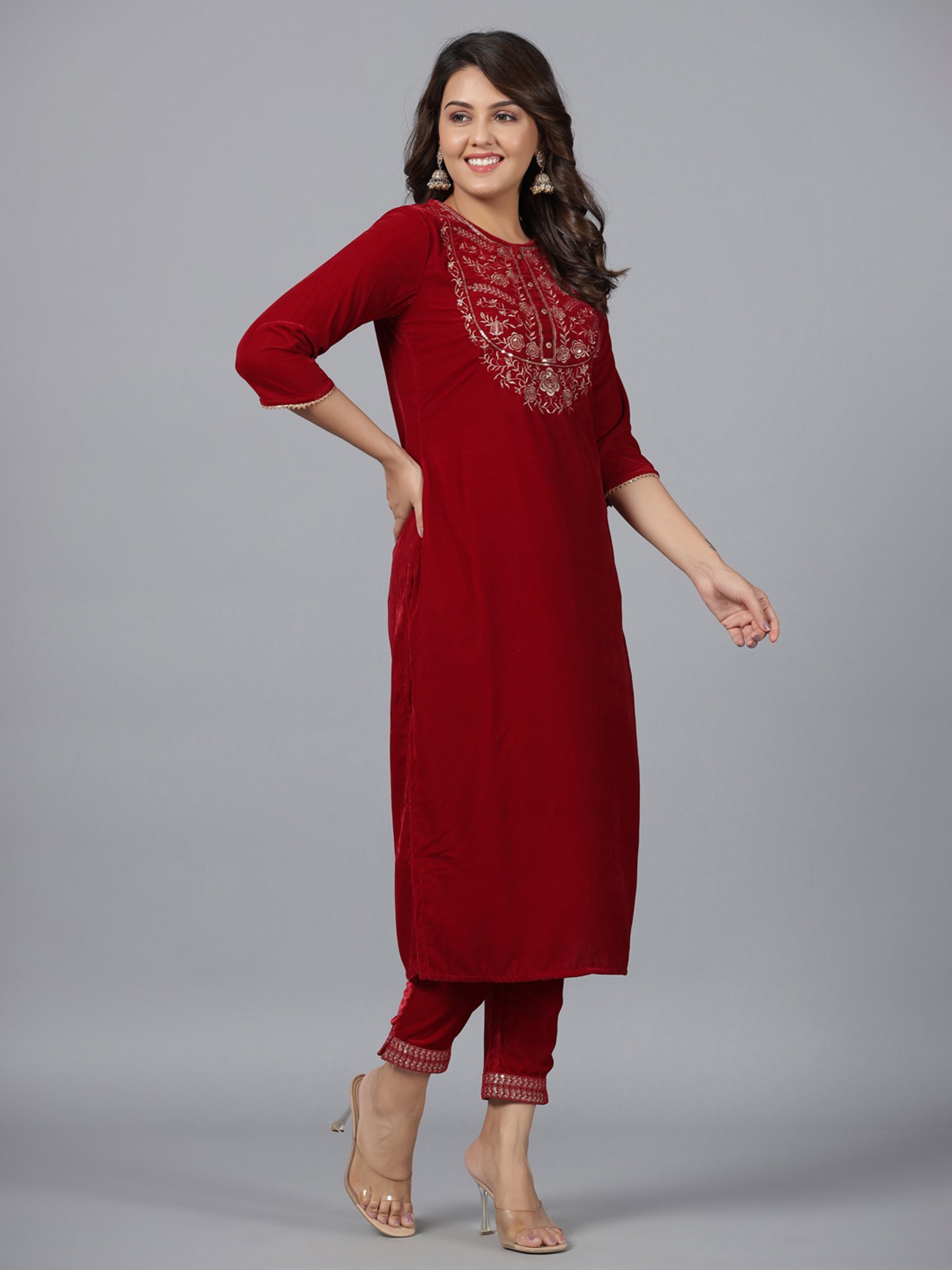 Juniper Maroon Velvet Embroidered Kurta & Pants Set with Zari & Sequences