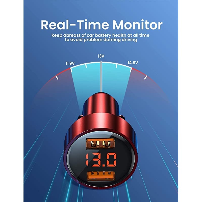 Car Charger Adapter,  Dual QC3.0 Port 6A/36W USB Car Charger All Metal Cigarette Lighter USB Charger Voltage Display Compatible with 11/11 pro/XR/X/XS/8, Galaxy Note 8/S9/S10+/S8 - Red