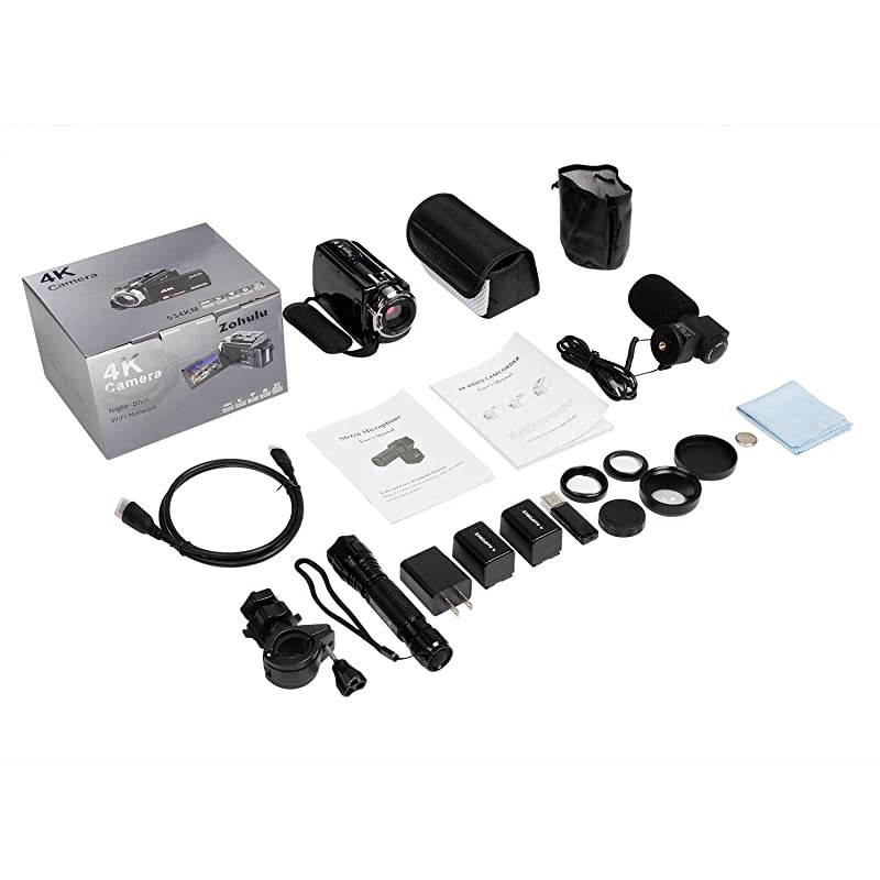 4K Video Camera  Camcorder, WiFi Vlogging Camera for YouTube with Microphone, 60FPS 48MP Ultra HD 16X Digital Zoom Night Vision Camera with IR Flashlight, Wide Angle Lens (2 Batteries Included)