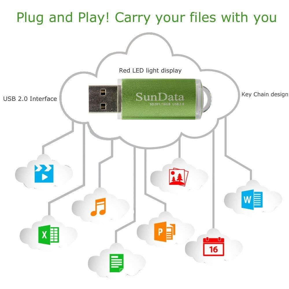SunData 5 Pack 16GB USB 2.0 Flash Drive Thumb Drives Memory Stick, 5 Colors: Black Blue Green Gold Red