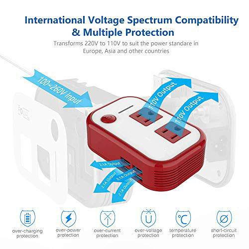 Power Step Down 220V to 110V Voltage Converter with 4Port USB Internonal Power Travel Adapter in UK European Italy Asia More Than 150 Countries Over The WorldRed
