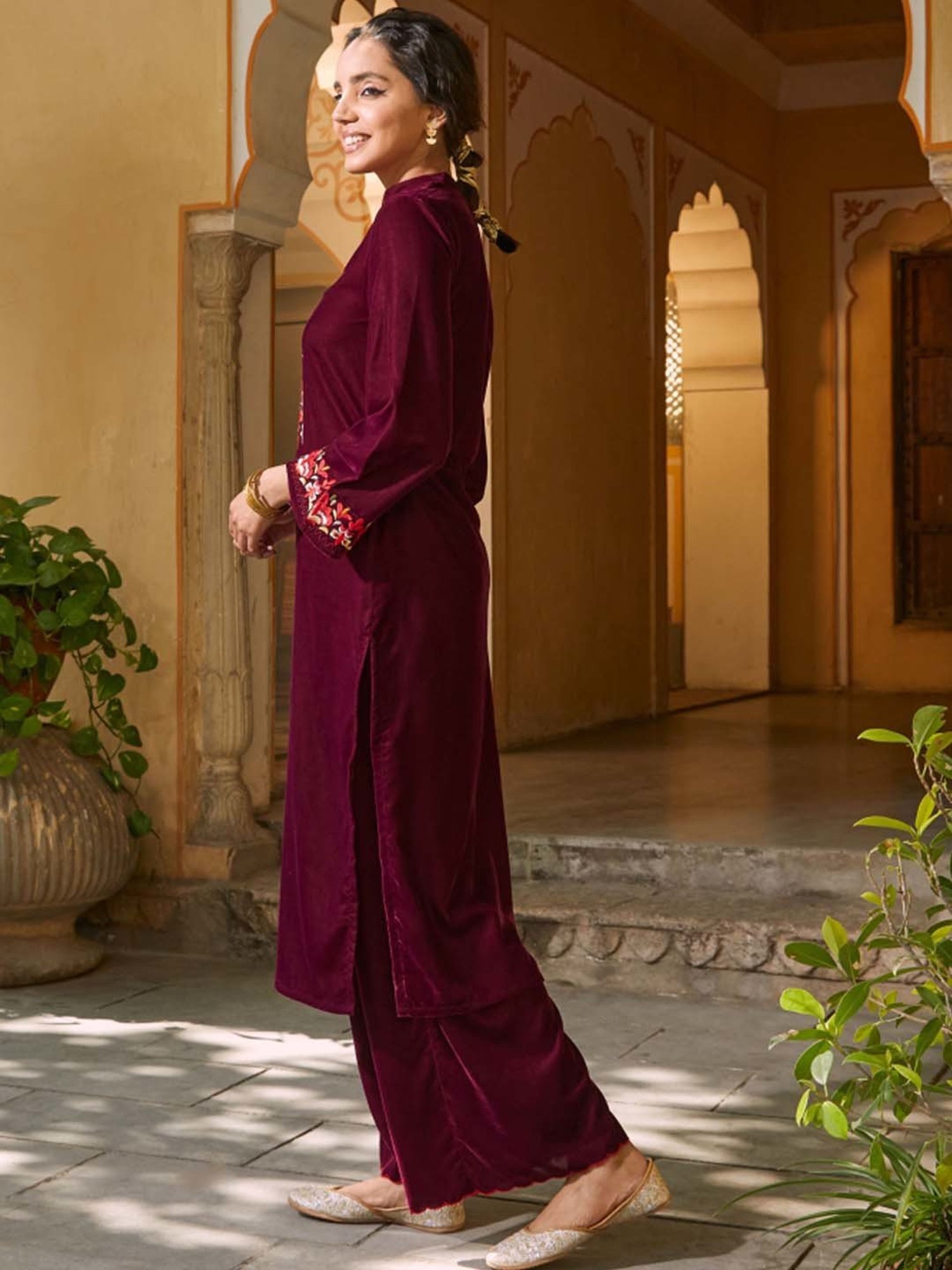 Rustorange Pink Embroidered Kurta Pant Set