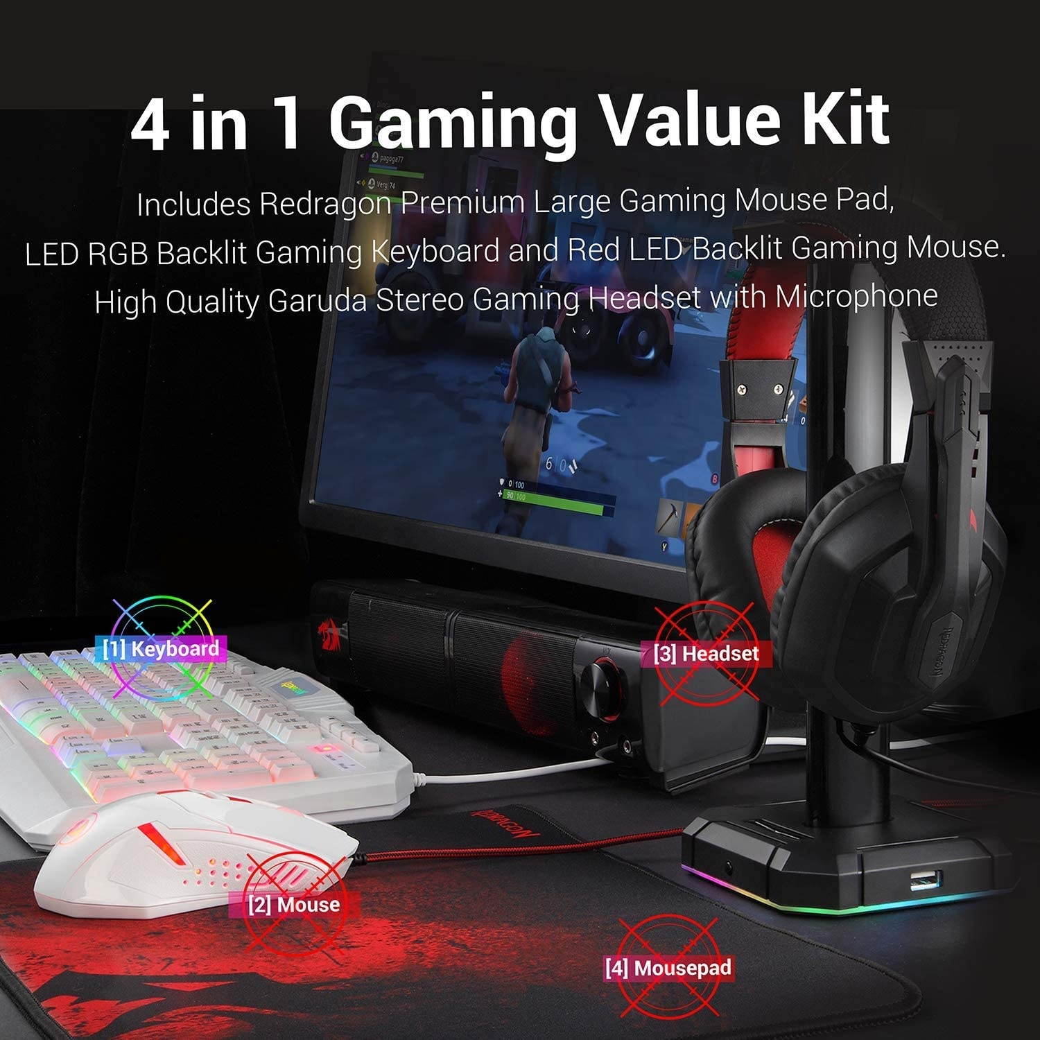 S101 Wired RGB Backlit Gaming Keyboard and Mouse Gaming Mouse Pad Gaming Headset Combo All in ONE PC Gamer Bundle for Windows PC ?C (White)