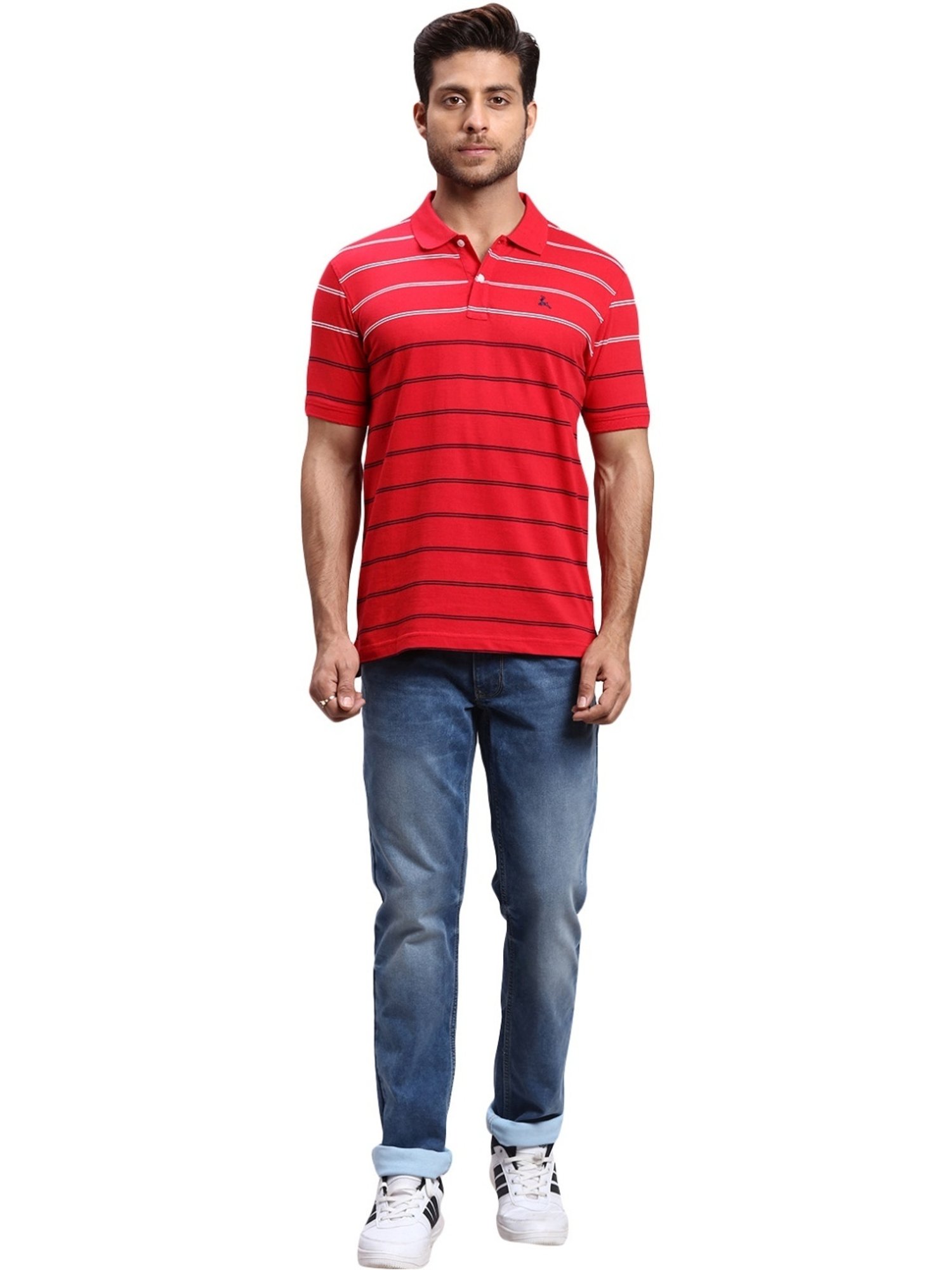 Parx Red Regular Fit Striped Polo T-Shirt