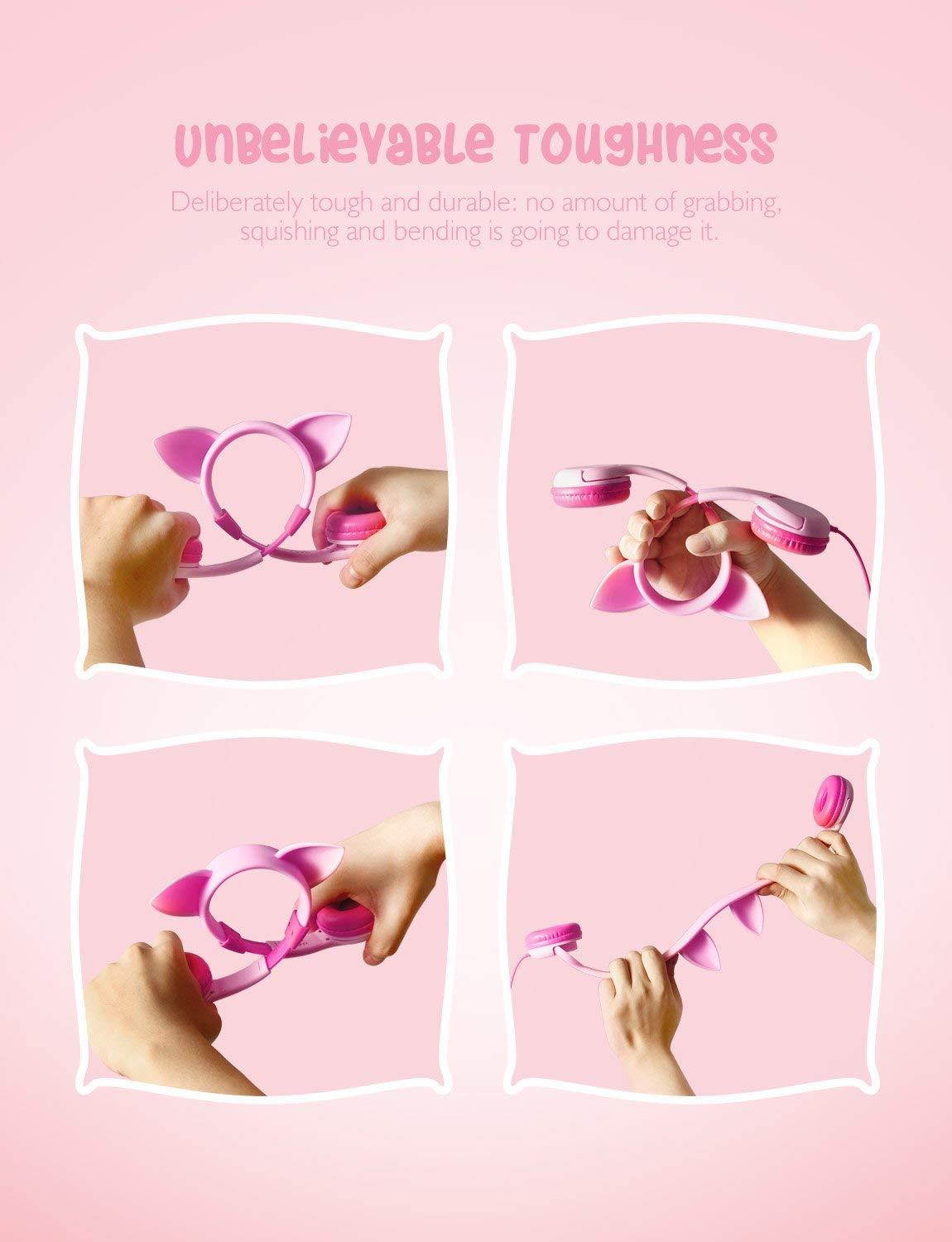 iClever Kids Headphones Girls - Cat-Inspired Wired On-Ear Headphones for Kids, 85dB Volume Limiting, Food Grade Silicone, Lightweight, 3.5mm Jack - Comfortable Children Headphones for Kids, Pink