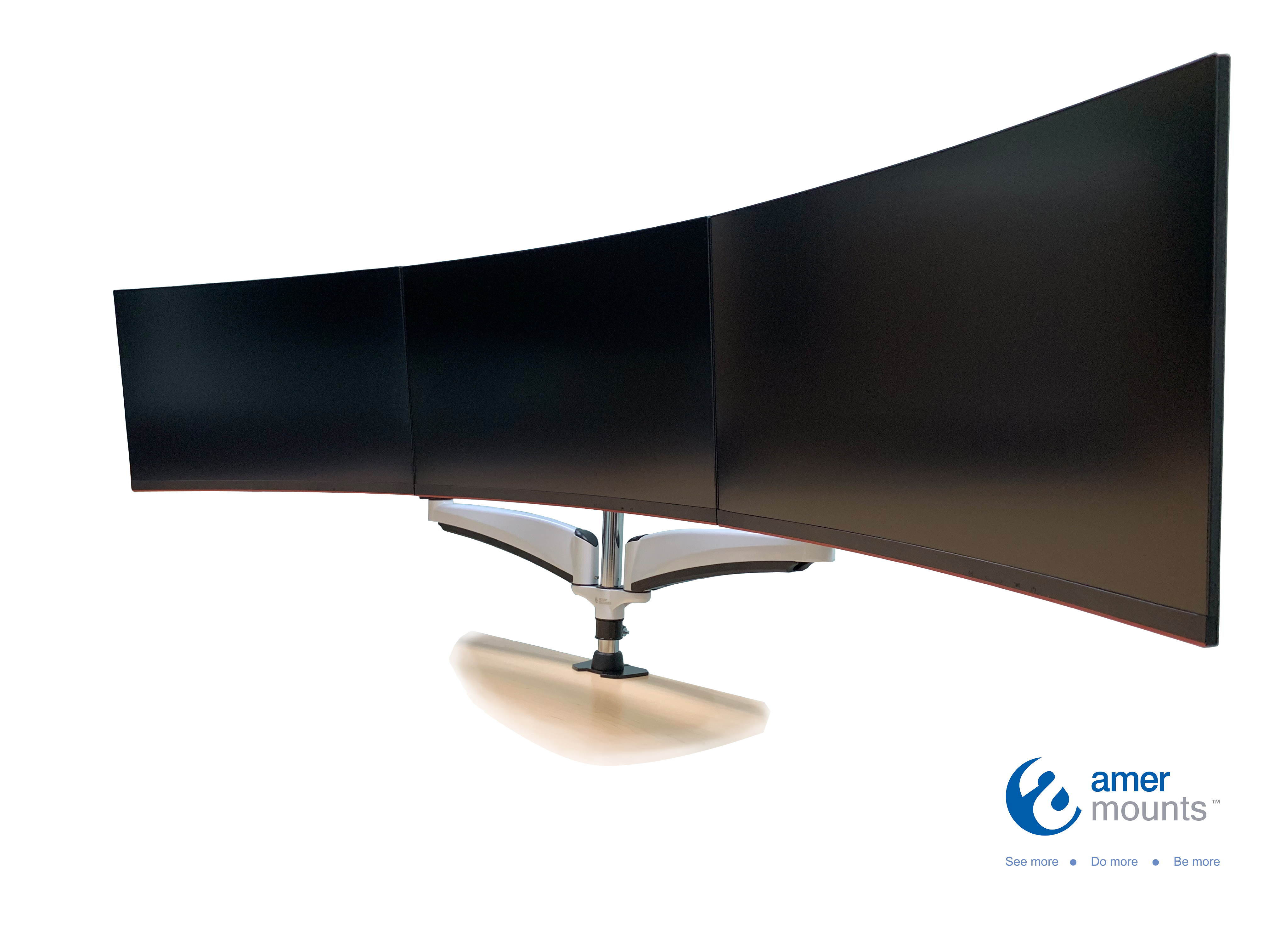 Triple articulating Monitor Mount. Supports 3 monitors 15 to 28" each. Spring Loaded arms provide flexibility in movement and monitor orientation. VESA standard