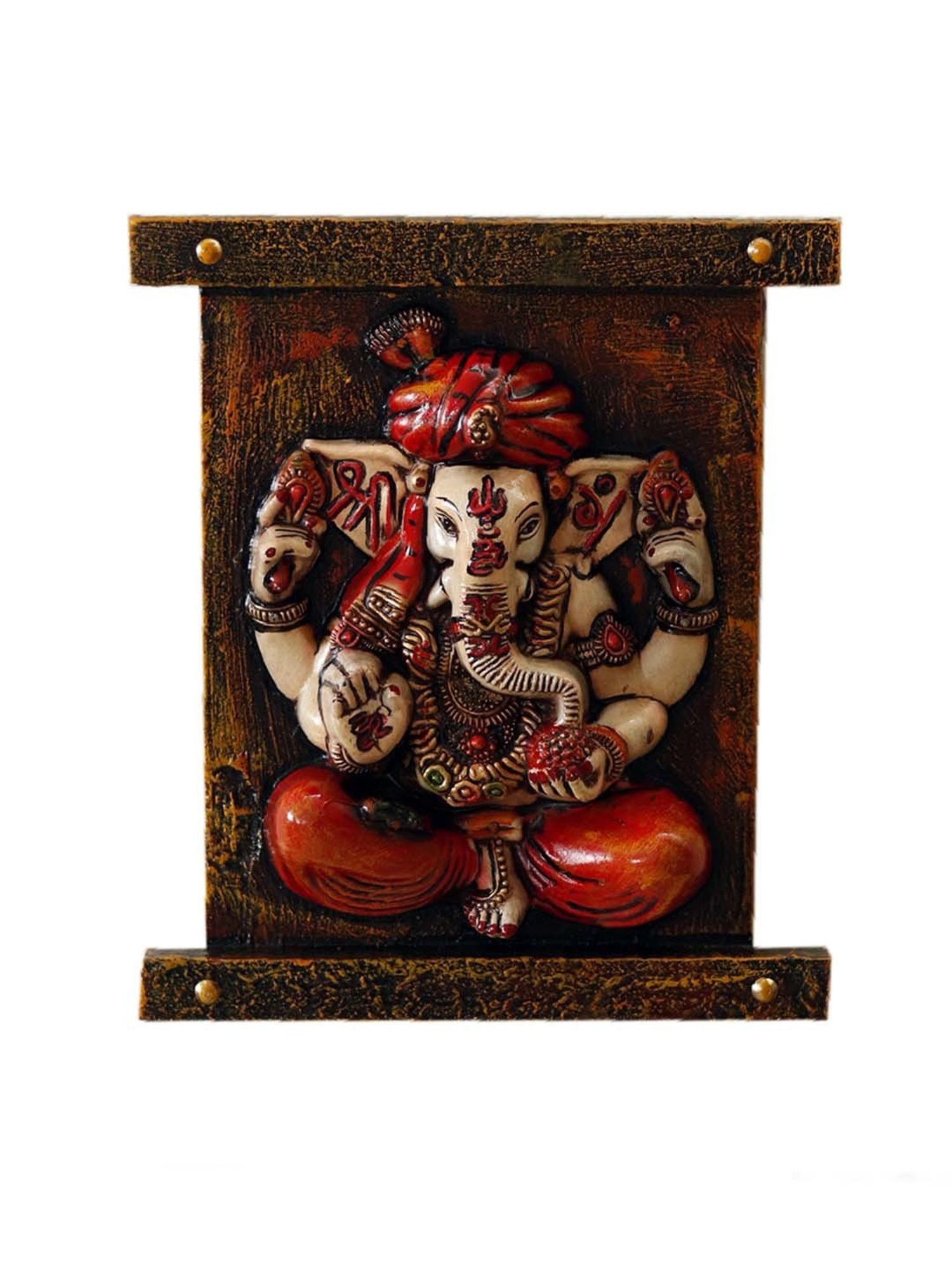 Unravel India 'Ganesh on Meditation' Multicolor Wooden  Wall Showpiece - Set of 1