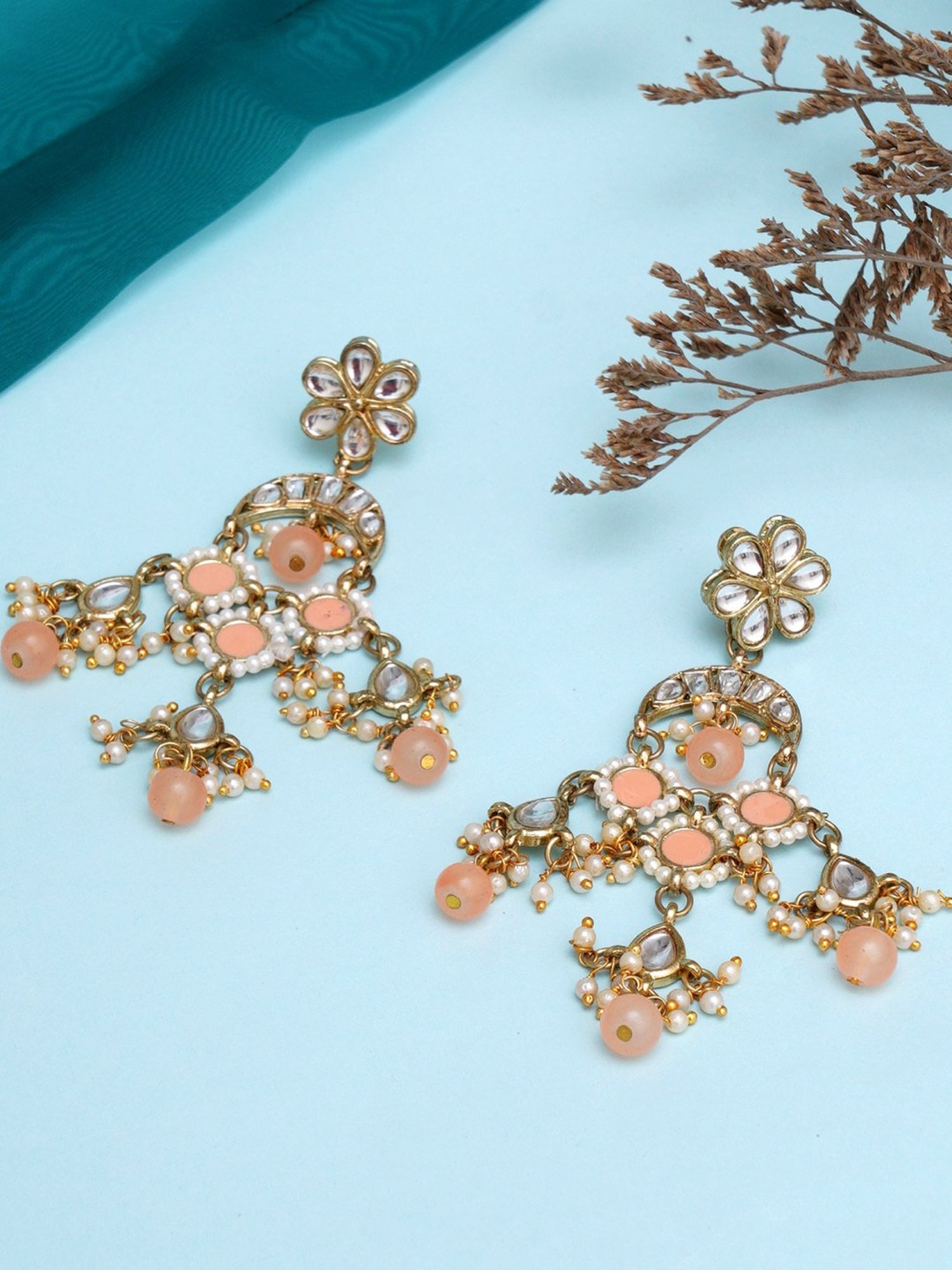 Karatcart Gold-Plated Peach Meena Kundan Dangler Earrings