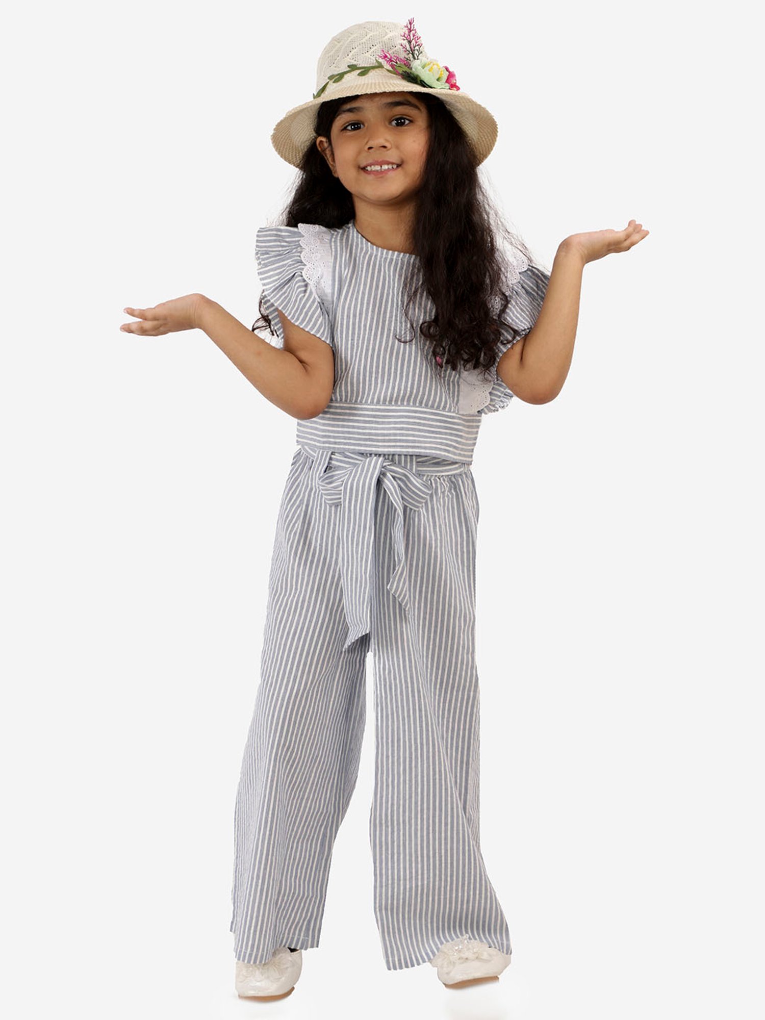 Lil Drama Kids Light Blue & White Striped Top with Plazzos