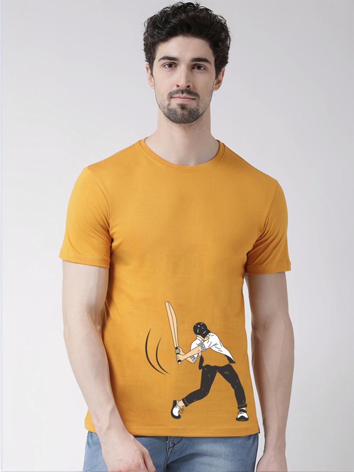 Friskers Mustard Cotton Slim Fit Printed T-Shirt
