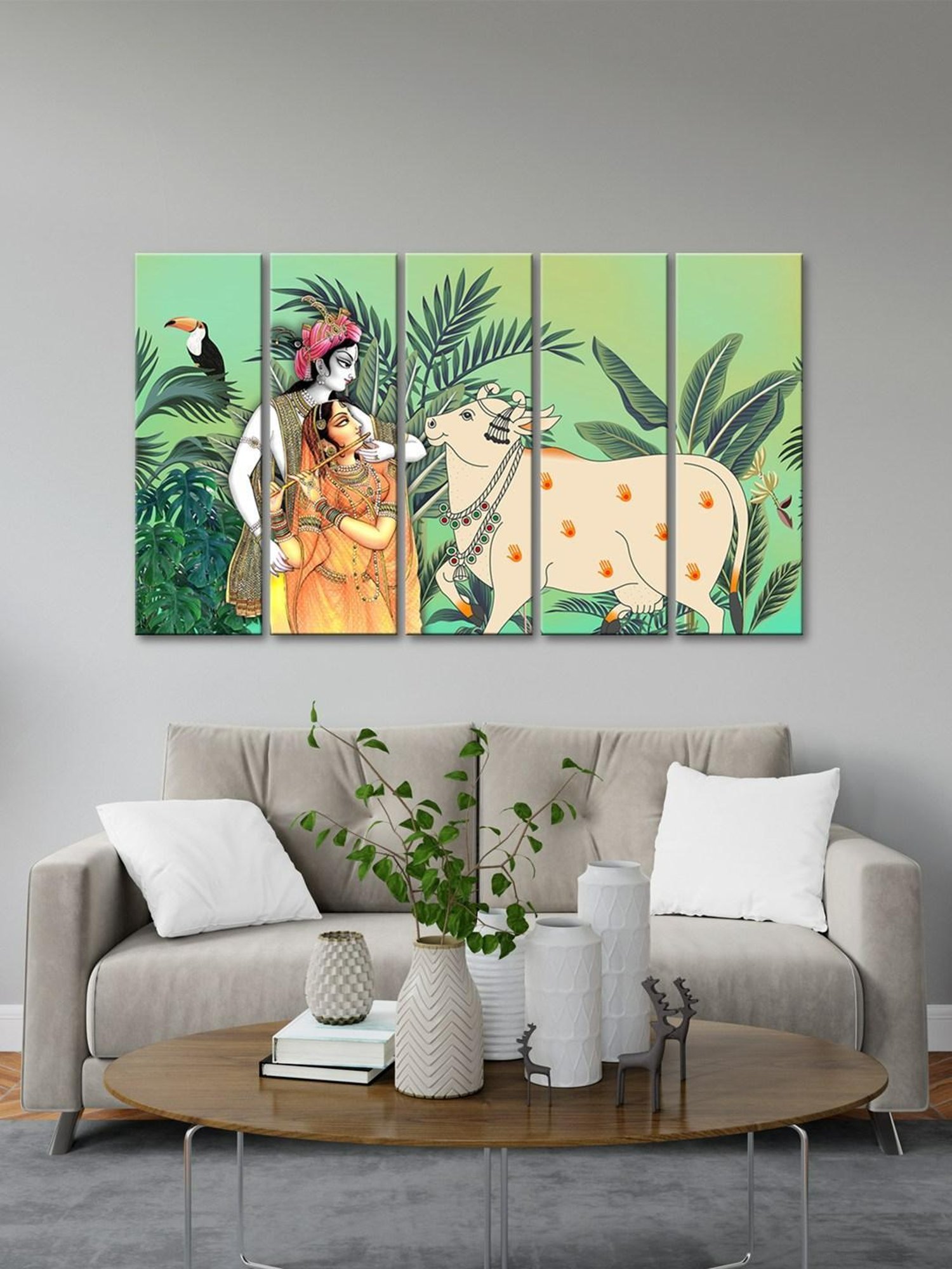 999Store Printed Green MDF 5 Panels Wall Art