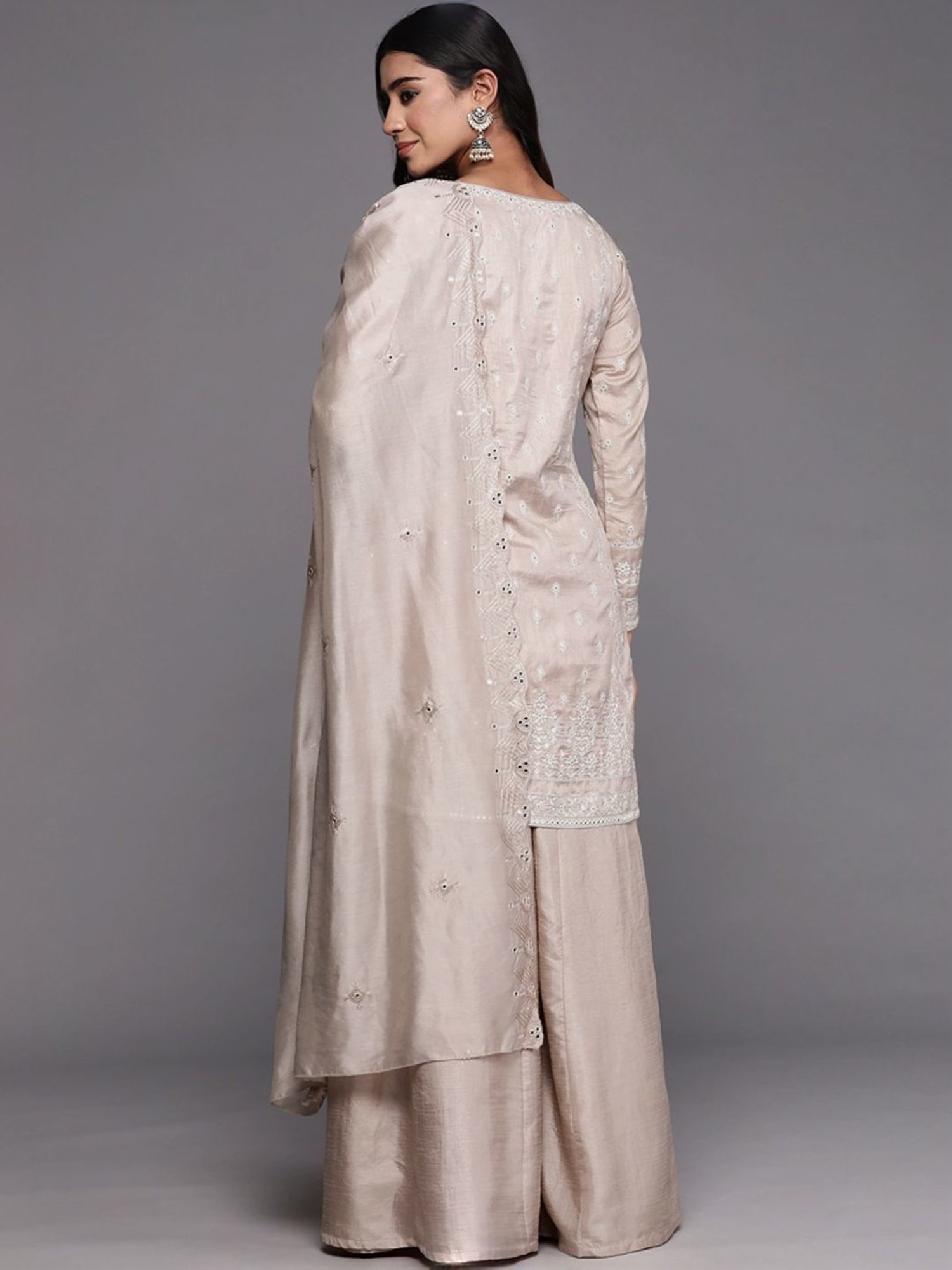 Libas Art Beige Embroidered Kurti Palazzo Set With Dupatta