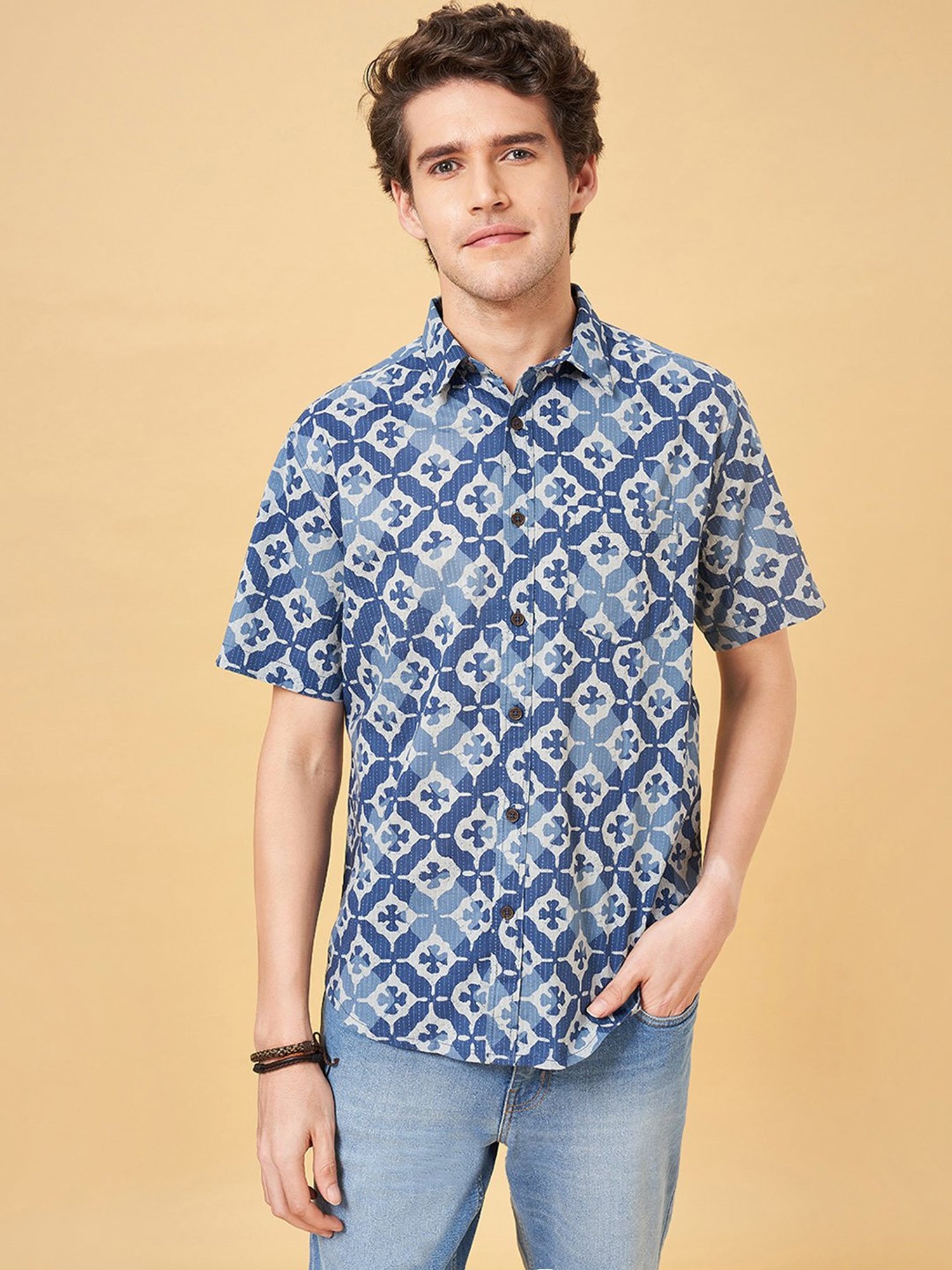 Indus Route by Pantaloons Dark Blue Regular Fit Printed Shirt