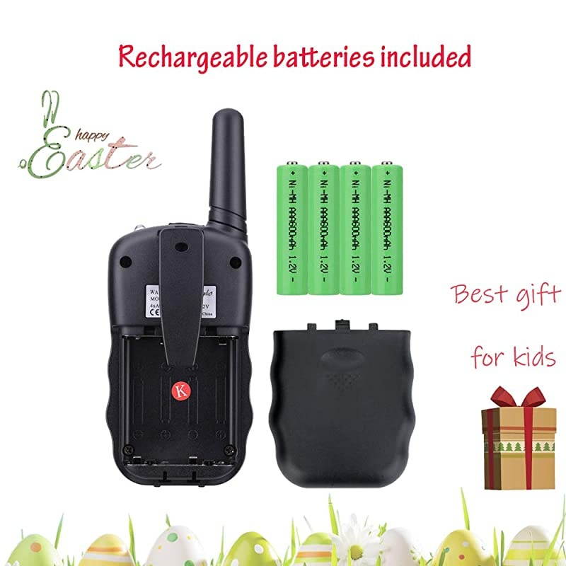 Kids Walkie Talkies Rechargeable Walky Talky 22CH FRS 2 Way Radio Kids Toy with MultiCharger Rechargeable Batteries VOX and Torch Black 8 rechargeable batteries