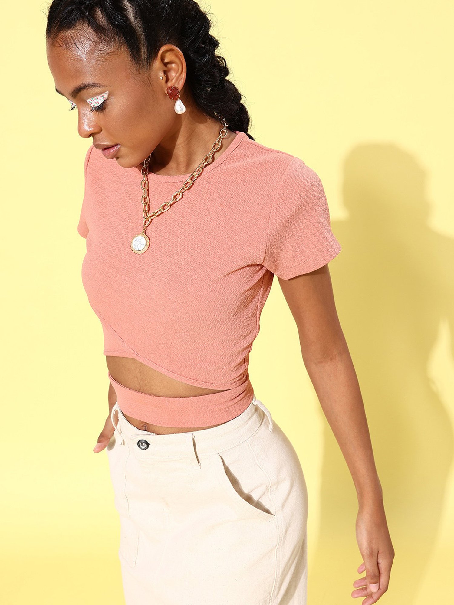 StyleStone Pink Short Sleeve Belly Cut Out Top