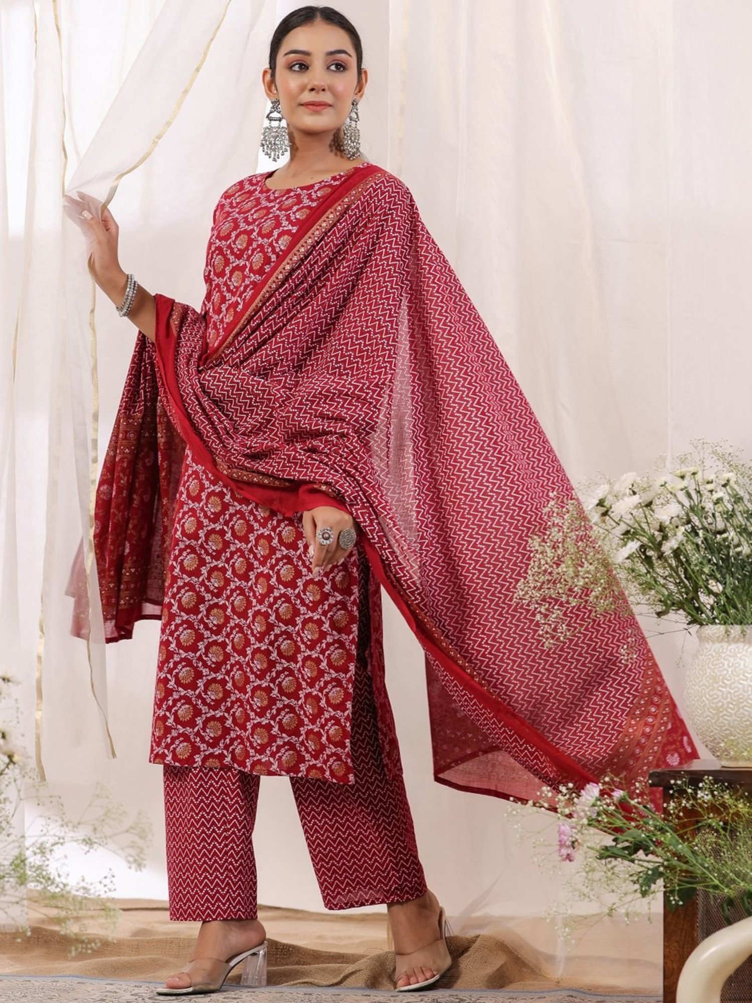 Anubhutee Red Cotton Printed Kurta Pant Set With Dupatta