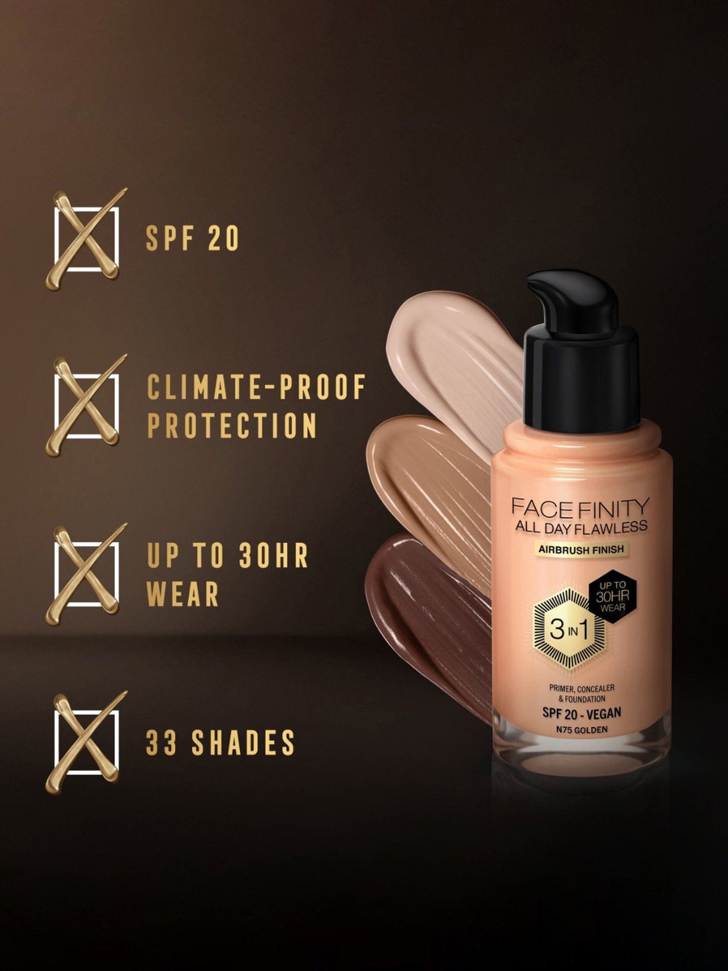 Max Factor Facefinity All Day Flawless 3 In 1 Foundation SPF 20 N75 Golden - 30 ml