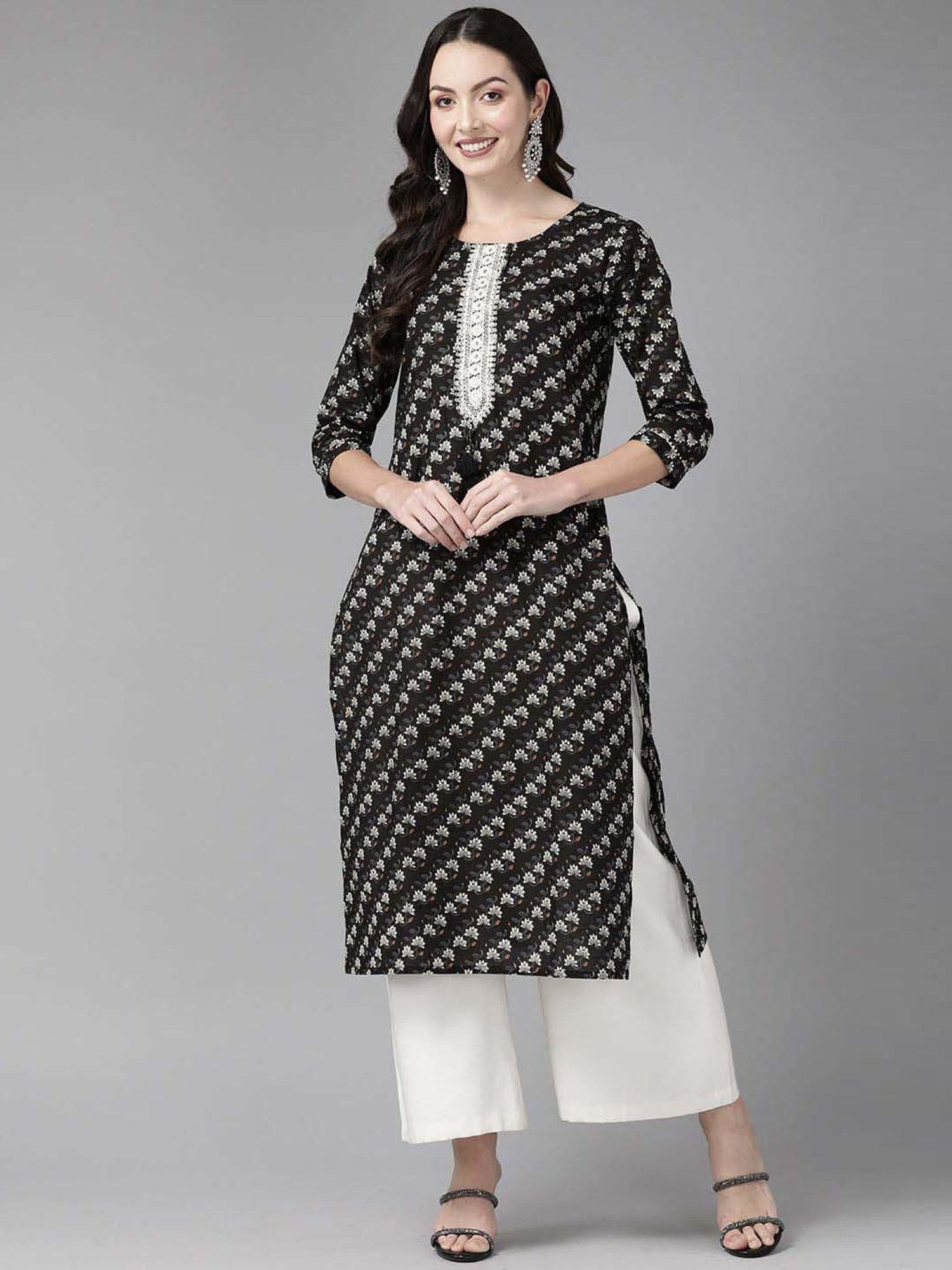 Cayman Black Cotton Floral Print Straight Kurta