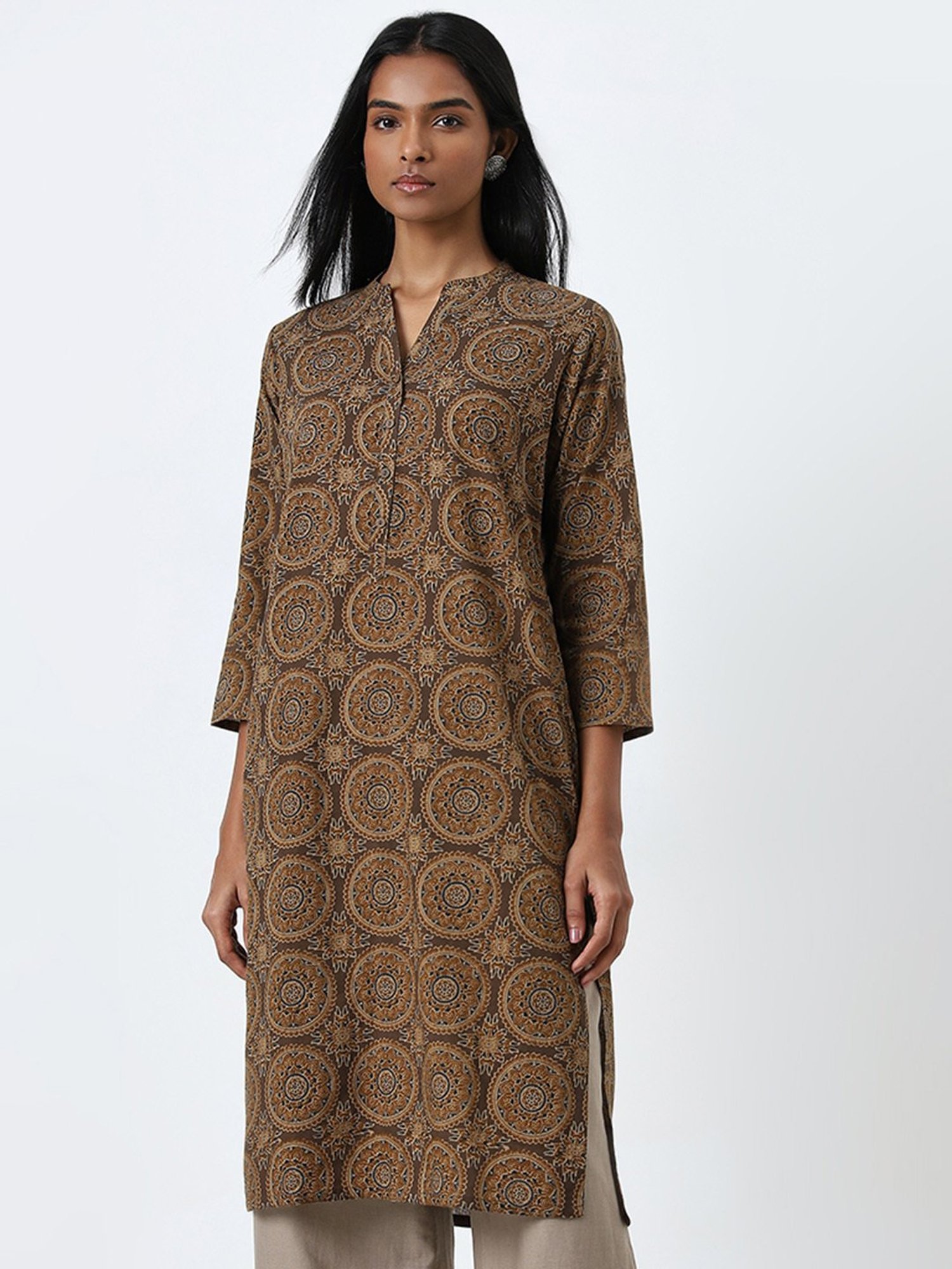 Utsa by Westside Brown Printed Straight Cotton Kurta