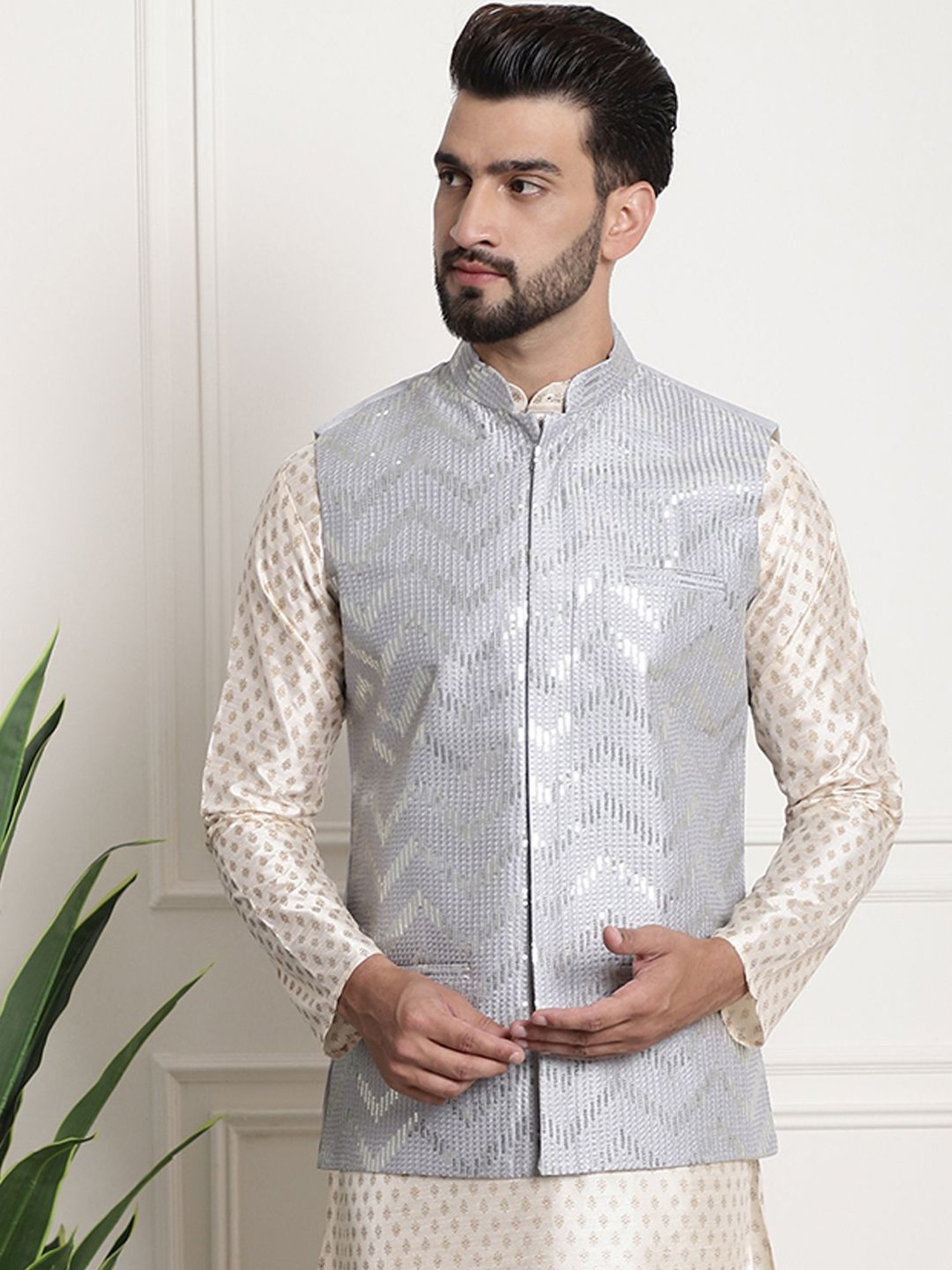 Sojanya Grey Regular Fit Embroidered Nehru Jacket