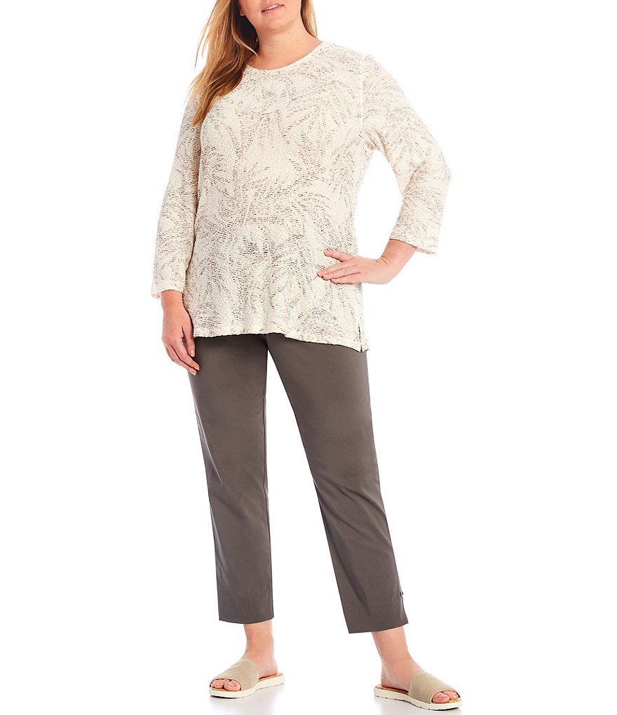 Multiples Plus Size Leaves Print Stripe Weave Knit Crew Neck 3/4 Sleeve Top