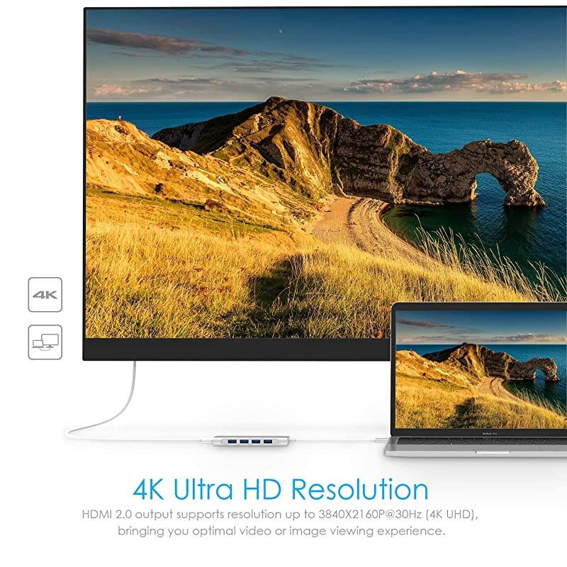 USBC MultiPort Hub with 4K HDMI Output 4 USB 30 Type C Charging Adapter Compatible 20202016 MacBook Pro 131516 New Mac Air Surface Chromebook More CBC35 Silver