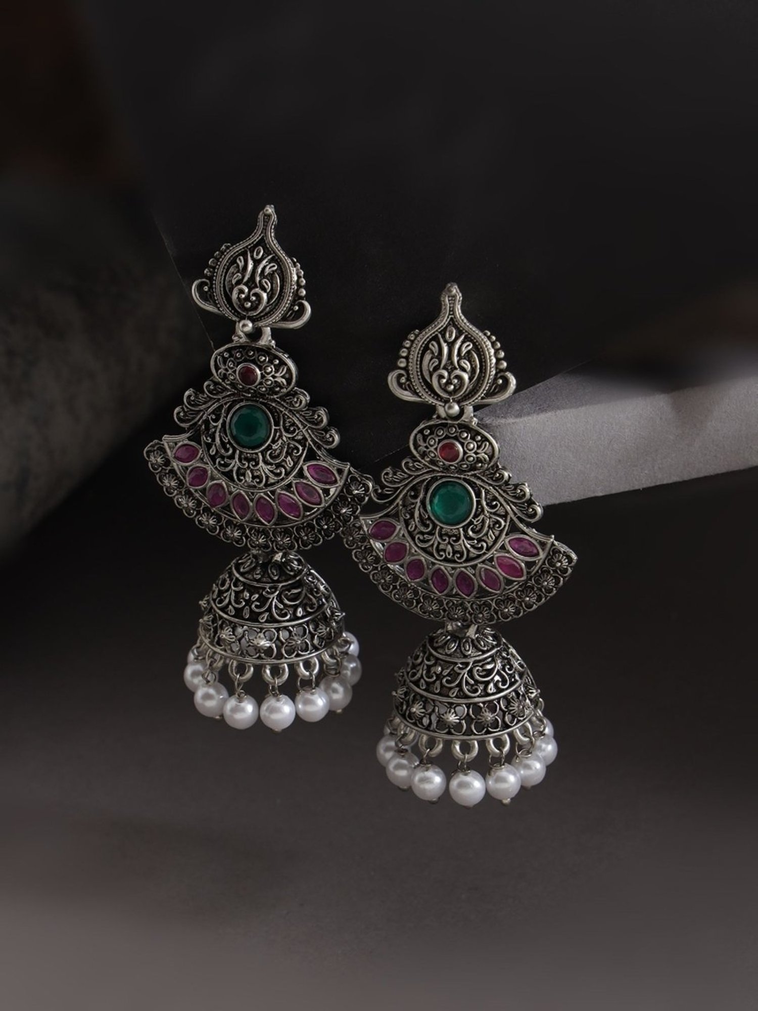 Aatmana Pink Oxidized Silver-Plated Dome Shaped Jhumki Earrings for Women