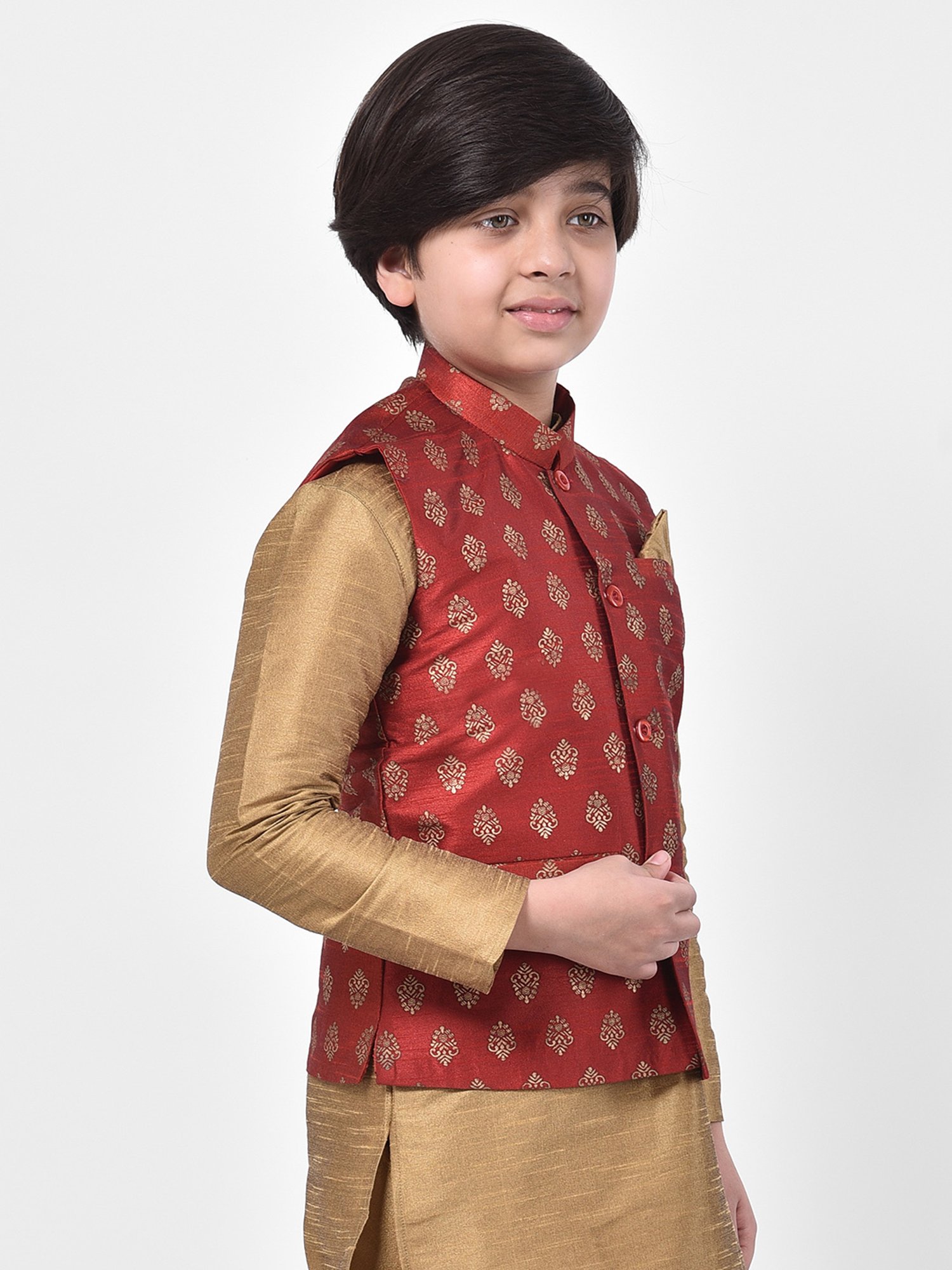 Deyann Kids Maroon Embroidered Nehru Jacket