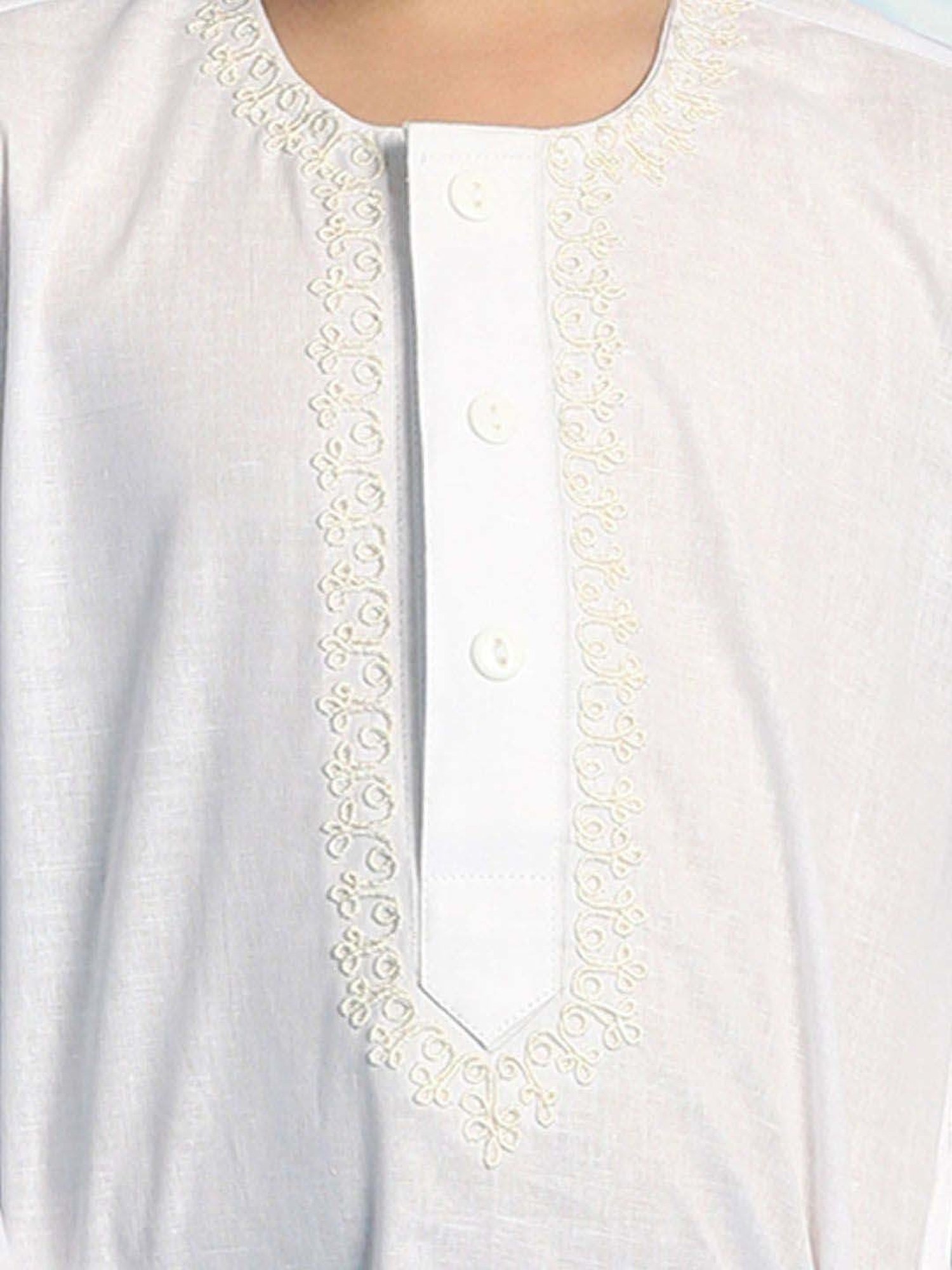 VASTRAMAY Boys White & White Embroidery Full Sleeves Kurta Sets