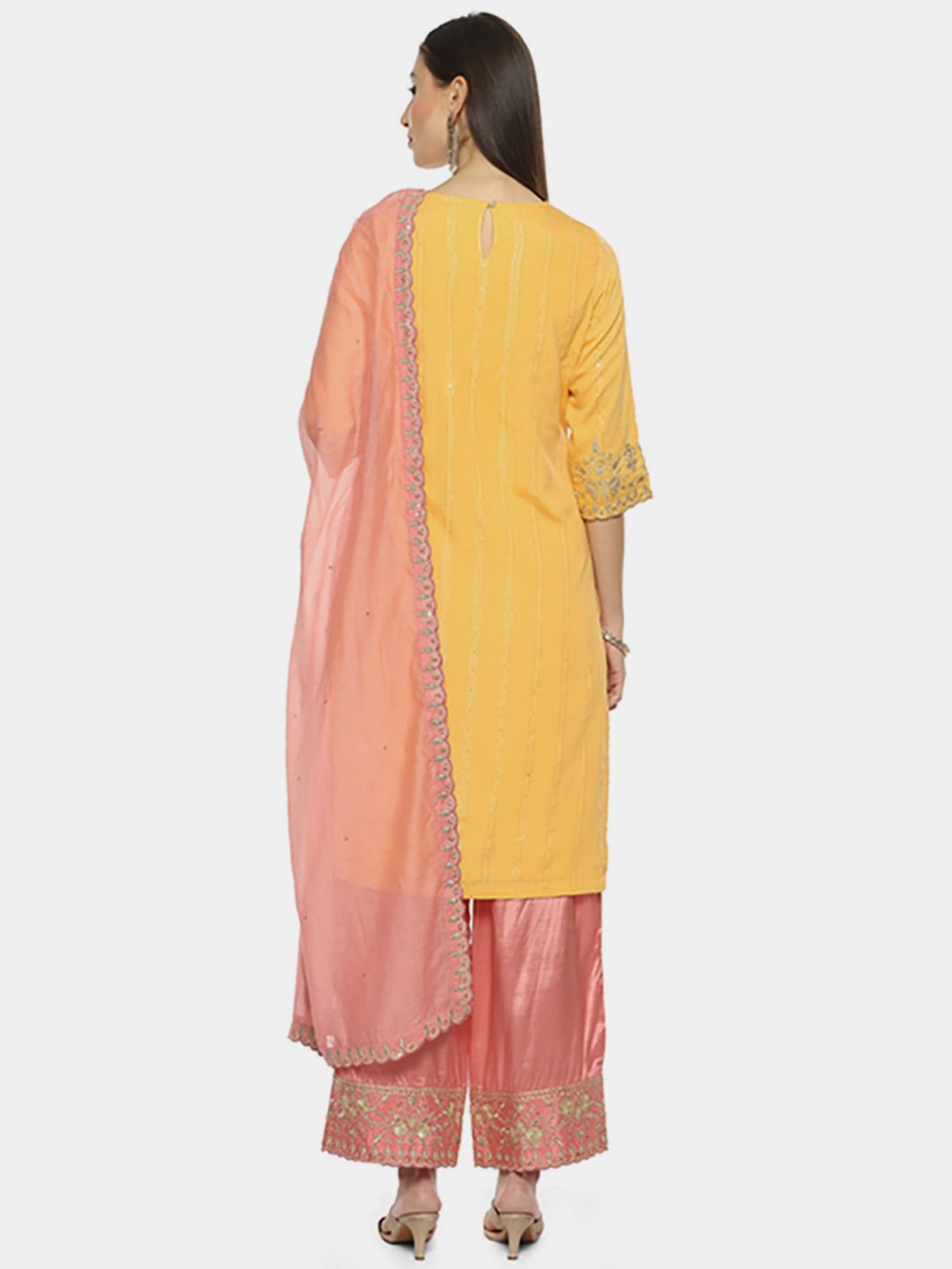 Biba Yellow & Pink Embroidered Kurta Palazzo Set With Dupatta
