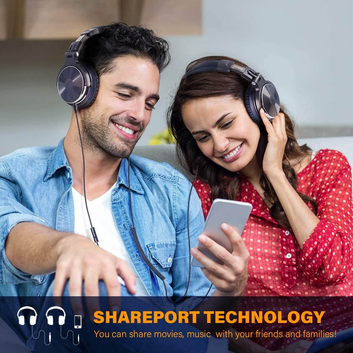 OneOdio Over Ear Headphone Wired Bass Headsets with 50mm Driver Foldable Lightweight Headphones with Share Port and Mic for Recording Monitoring Mixing Podcast Guitar PC TV (Dark Blue)